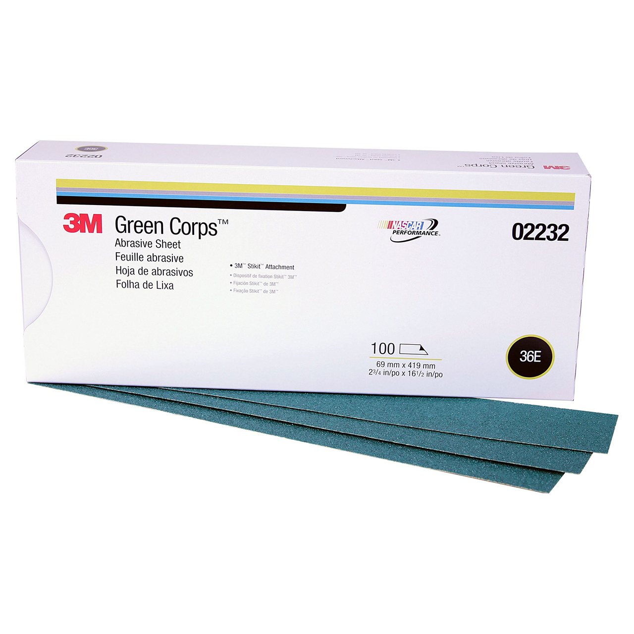 3M 7000044881 | 02232 Green Corps Stikit Production 2-3/4" Width x 16-1/2" OAL x E Weight 36 Grit Aluminum Oxide Sand Paper Sheet