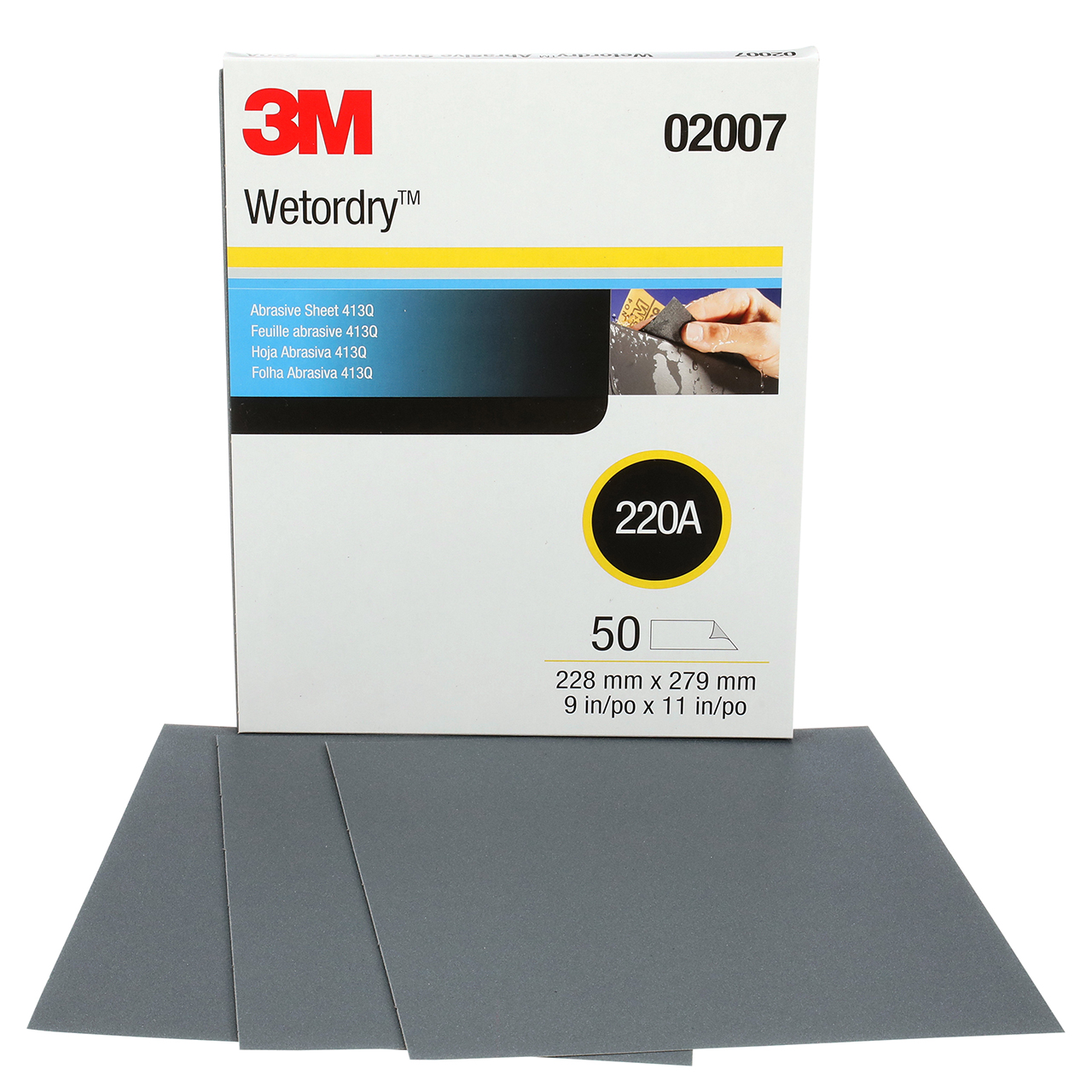 3M 7000148224 | 02007 Wetordry 9" Width x 11" OAL x A Weight 220 Grit 413Q Silicon Carbide Abrasive Sheet
