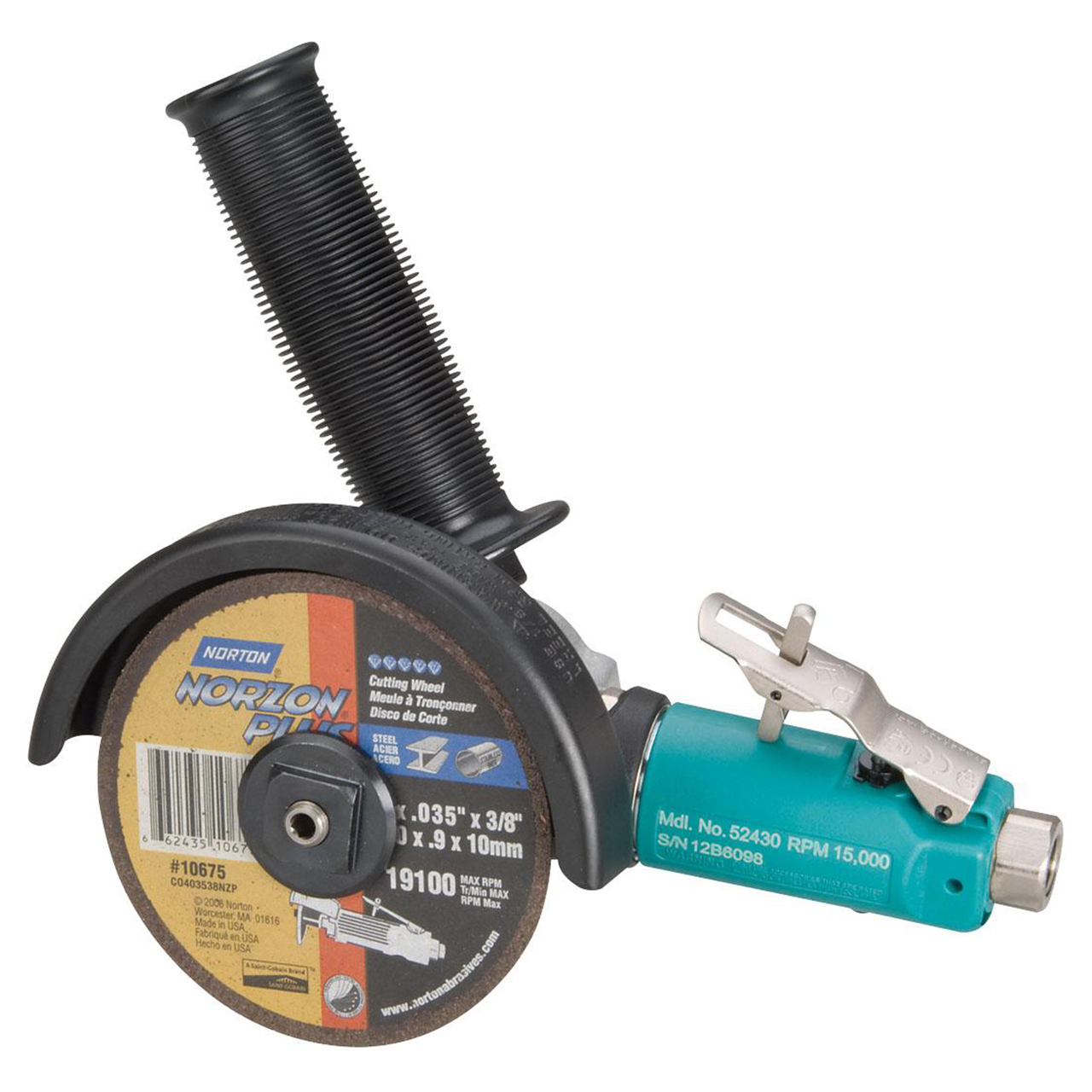 Dynabrade 52430 | 3/8"-24 Male Spindle Thread x 1/4" NPT Inlet x 15000 RPM Front Exhaust 7 Degree Offset Cut-off Wheel Tool