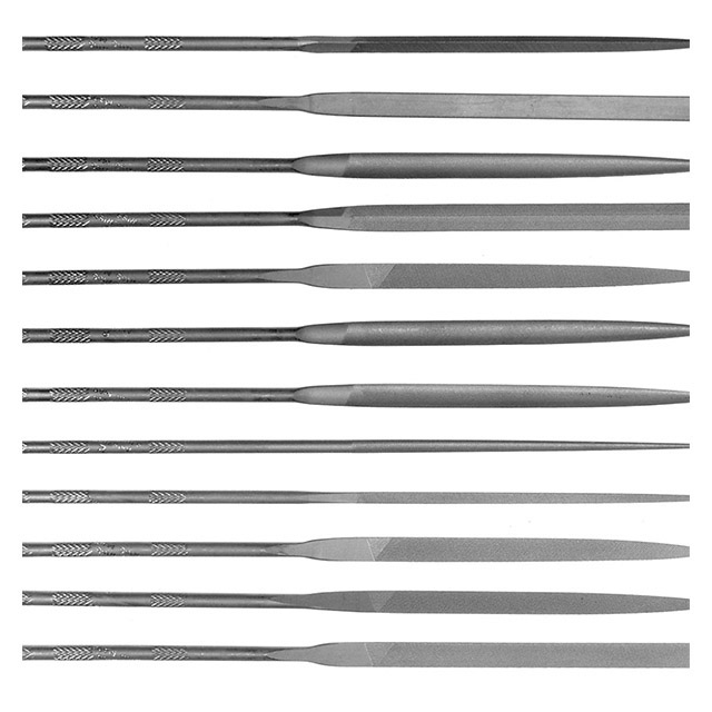 Simonds 83493000 | 4" Length x 4/100" Width x 4/100" Thickness 0 Cut Swiss-Pattern Needle File Set with Knurled Handle - 12 Piece