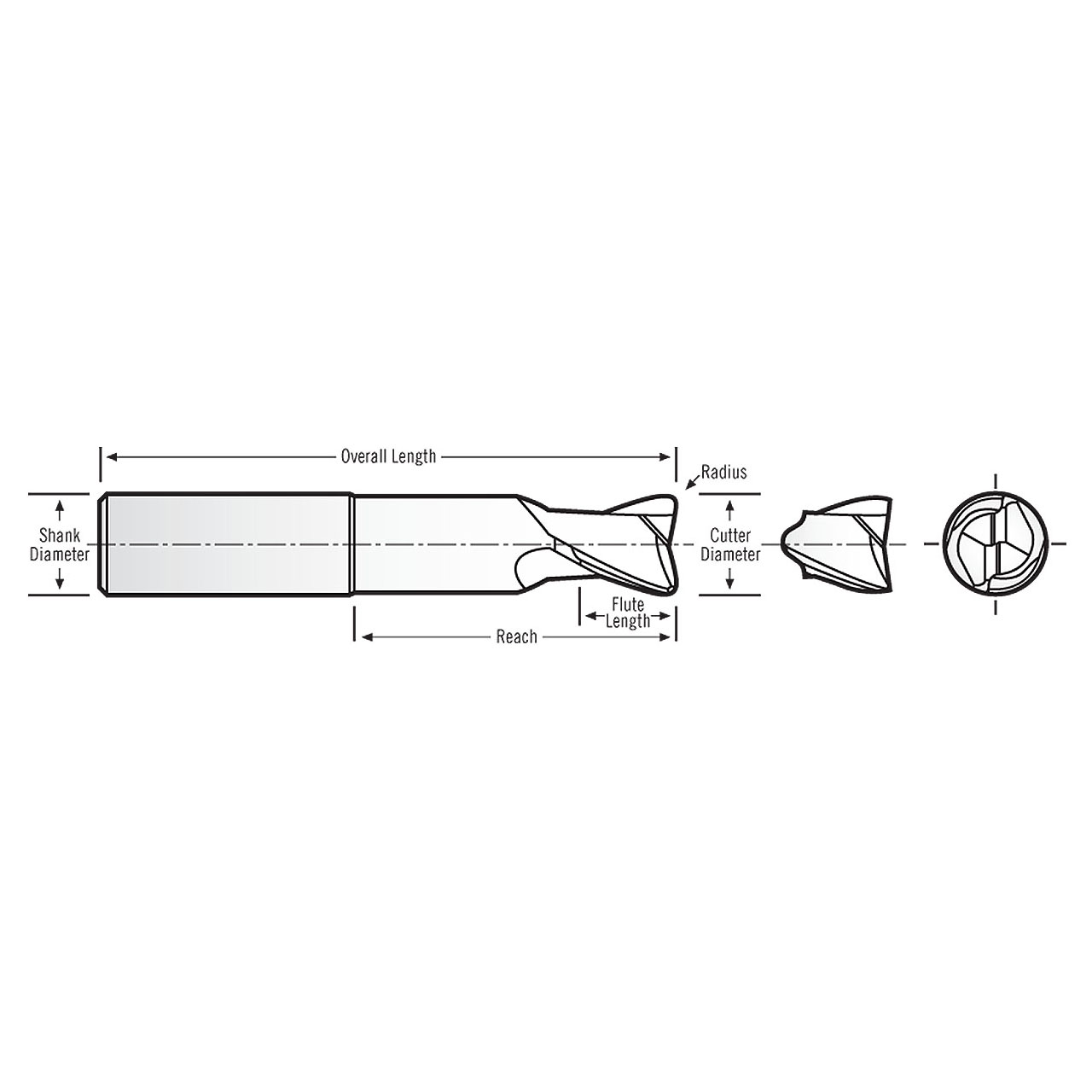 RobbJack MFM-302-20-BN | 20.00mm Diameter x 20.00mm Shank x 150.00mm OAL x 10.00mm Radius 3 Flute Uncoated Square End Mill