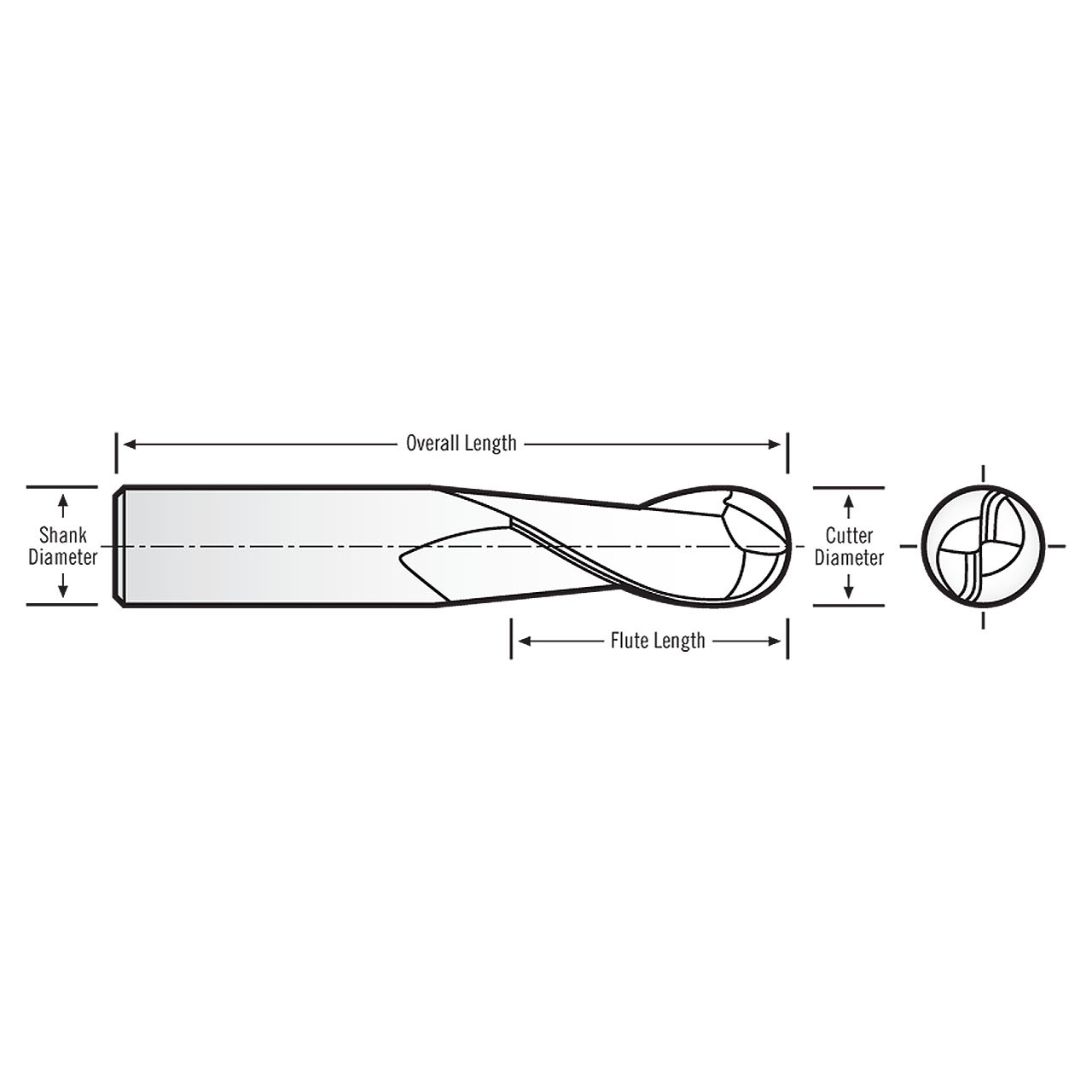 RobbJack SB-201-04-DLC | 0.125" Diameter x 0.125" Shank x 1.500" OAL 2 Flute DLC Coated Ball End Mill