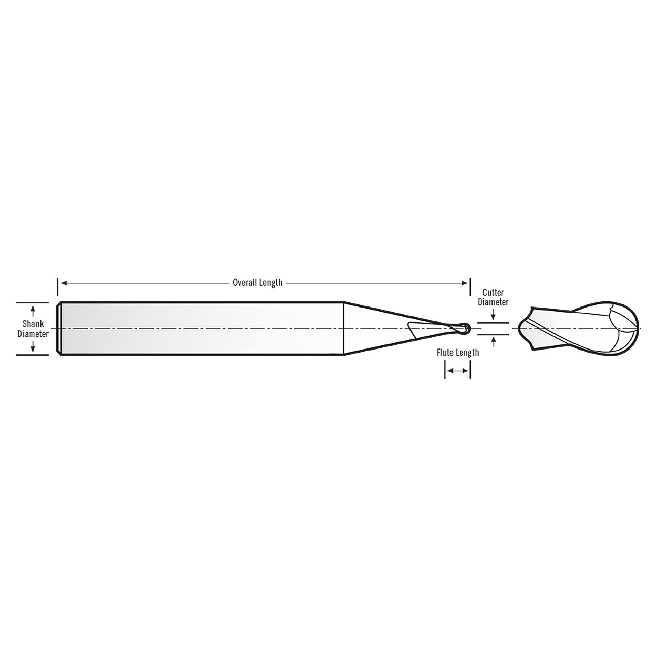 RobbJack SS-2-055-BN-T | 0.055" Diameter x 0.125" Shank x 1.500" OAL 2 Flute TiN Coated Ball End Mill