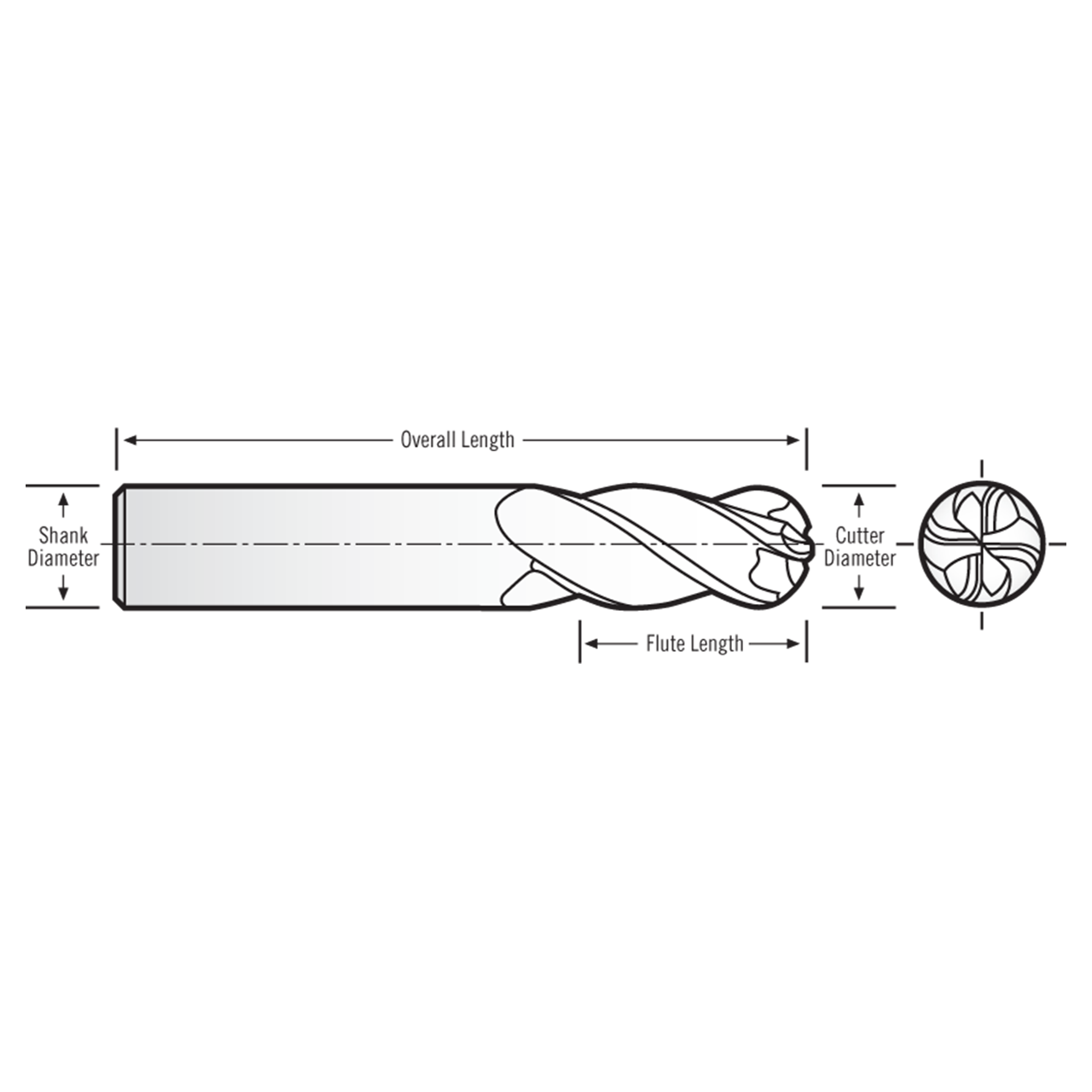 RobbJack XG-402-12-BN-FL | 0.375" Diameter x 0.375" Shank x 2.500" OAL 4 Flute AlTiN Coated Ball End Mill