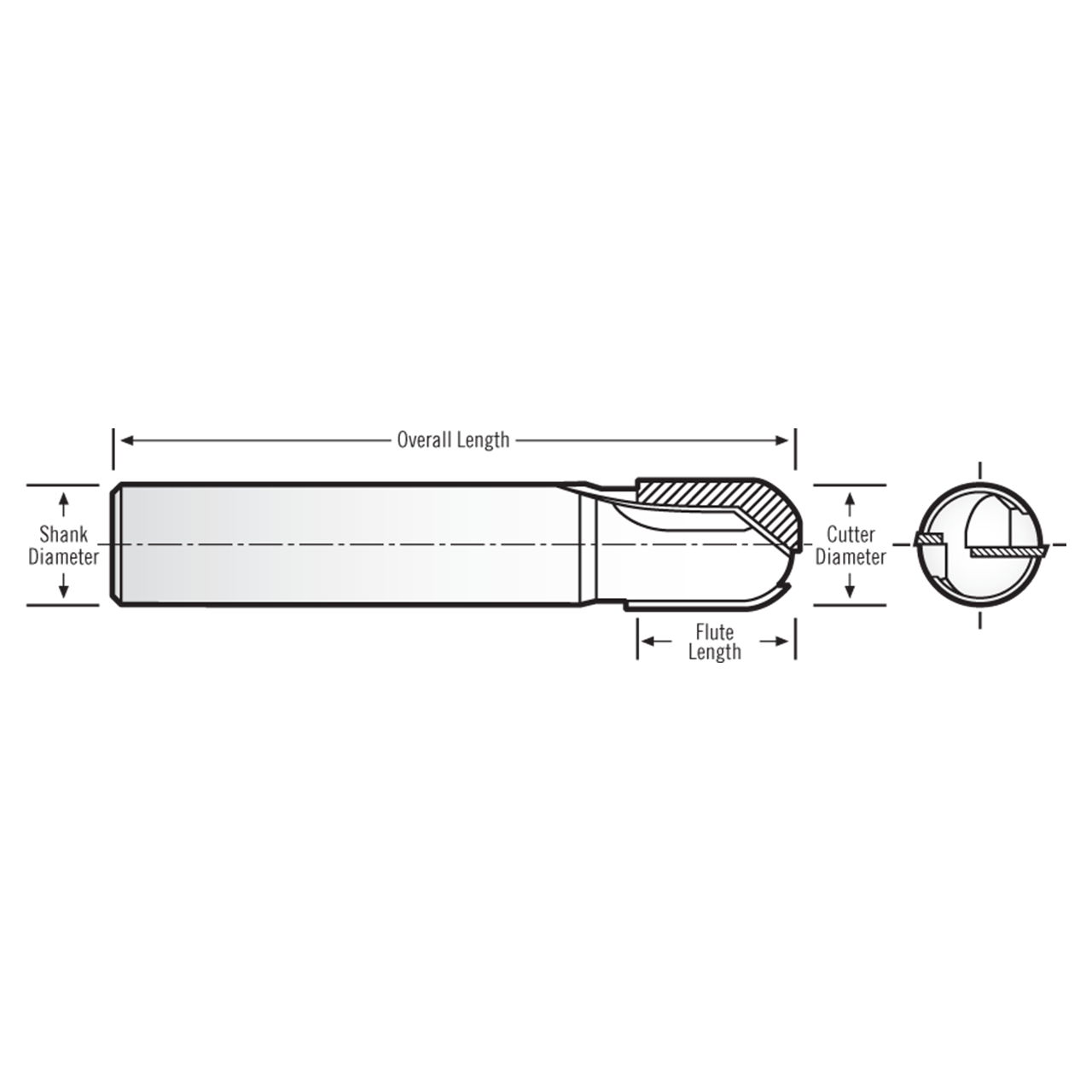 RobbJack PCD-201-06-BN | 0.1875" Cutting Diameter x 0.1875" Shank x 2" OAL 2 Flute Uncoated Ball End Straight Router Bit