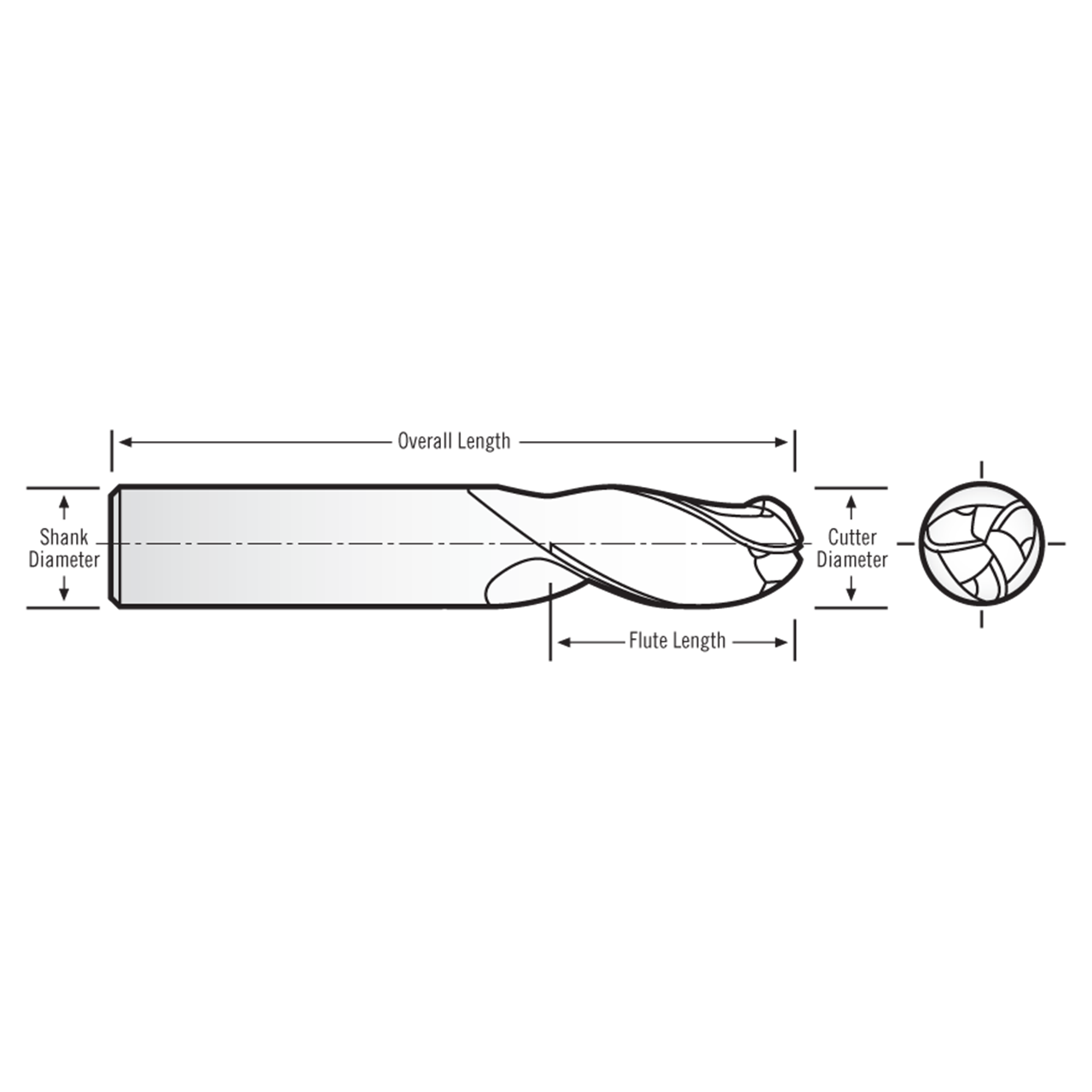 RobbJack SB-301-09-C | 0.2812" Cutting Diameter x 0.3125" Shank x 2.5000" OAL 3 Flute TiCN Coated Ball End Mill
