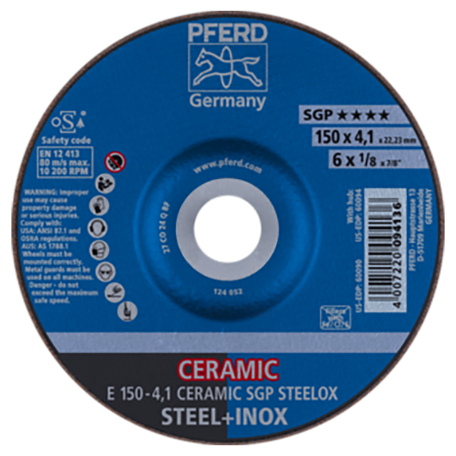 Pferd 62100150 | 60090 6" Diameter x 1/8" Width Ceramic SGP Steelox Grinding Wheel