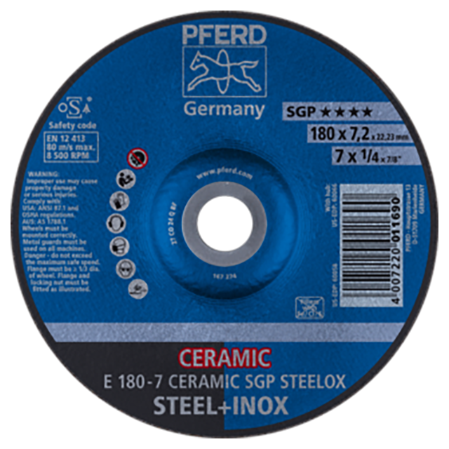 Pferd 62217300 | 60058 7" Diameter x 1/4" Width Ceramic SGP Steelox Grinding Wheel