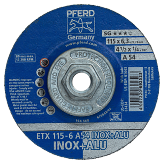 Pferd 69901222 | 61443 4-1/2" Diameter x 54 Grit Aluminum Oxide Wheel for Angle Grinder