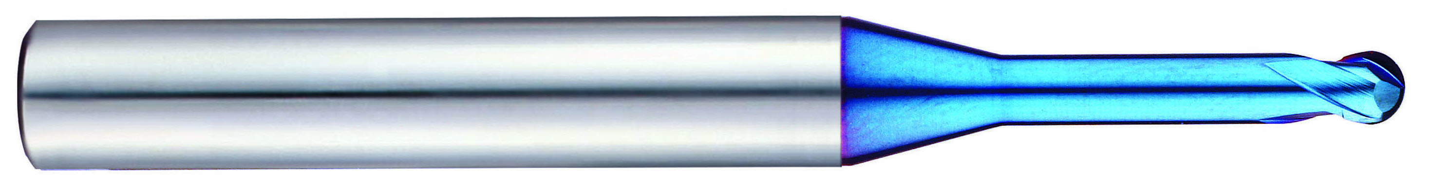 YG1 G8A46912 | 4.00mm Diameter x 6.00mm Shank x 3.20mm LOC x 20.00mm LBS x 65.00mm OAL x 2.00mm Radius x 30 Degree Helix Angle 2 Flute Blue Coated Carbide G8A46 Ball Nose End Mill