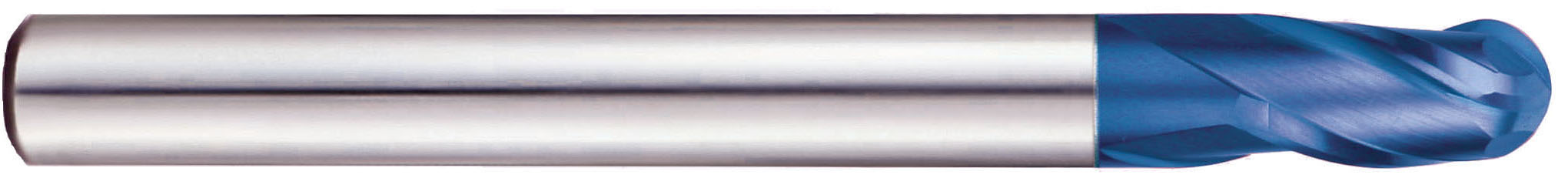 YG1 G8A59200 | 20.00mm Diameter x 20.00mm Shank x 38.00mm LOC x 160.00mm OAL x 10.00mm Radius x 30 Degree Helix Angle 3 Flute Blue Coated Carbide G8A59 Ball Nose End Mill