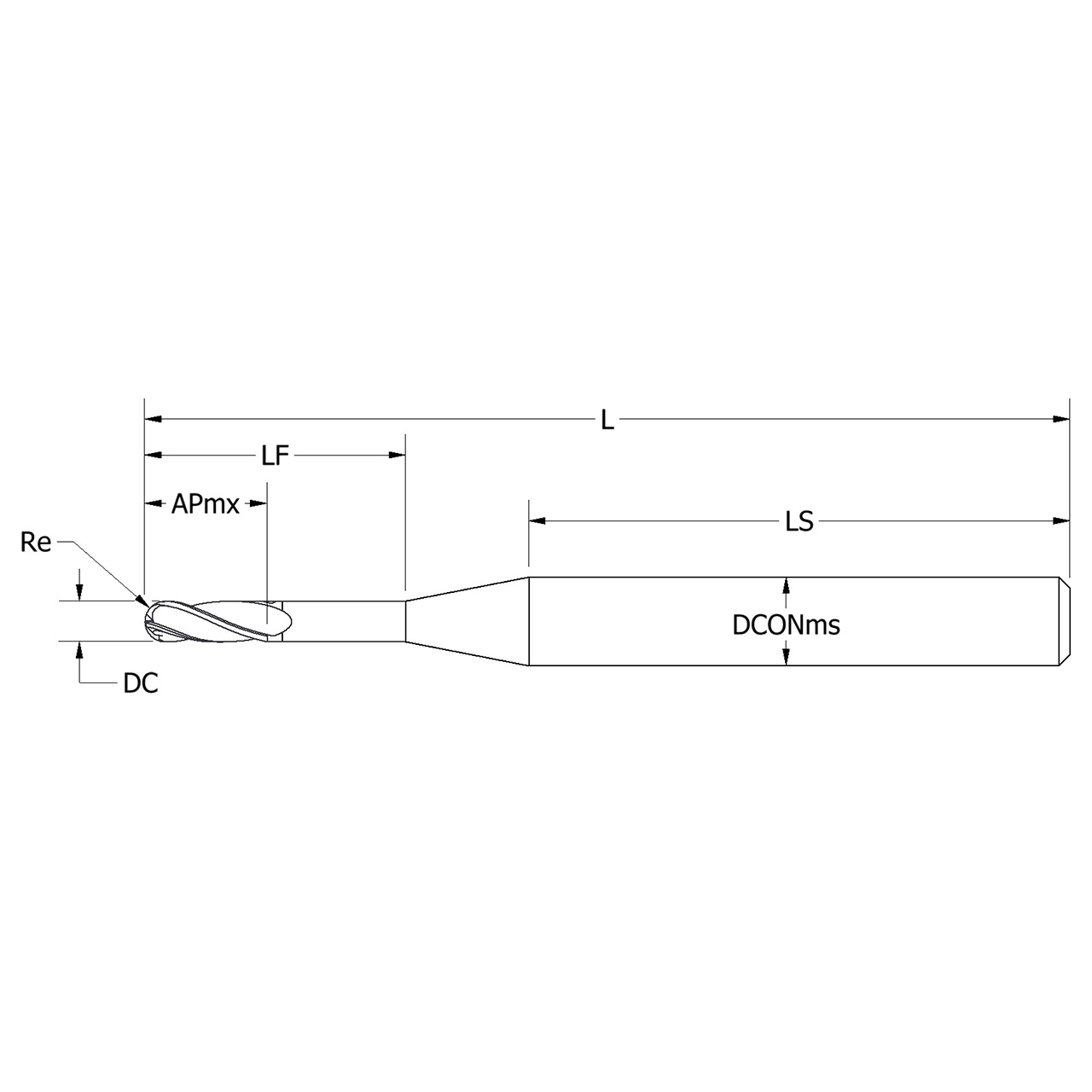 Keo 930-002-021 | 0.050" Diameter x 0.125" Shank x 0.150" Maximum Depth of Cut x 1.500" OAL x 0.025" Radius 2 Flute Uncoated Carbide Ball Nose End Mill
