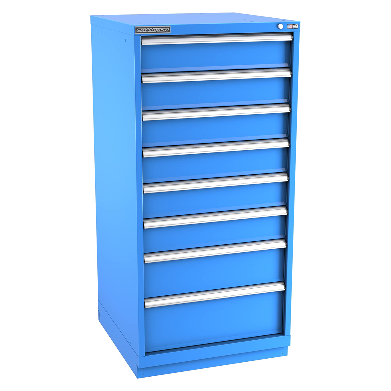 Champion Tool Storage SWS2700-0801-ILC-FTB-BB | 28-1/4" Width x 59-1/2" Height x 22-1/2" Depth 8 Drawer 84 Compartment Powder Coated Steel Modular Compartment Cabinet - Bright Blue