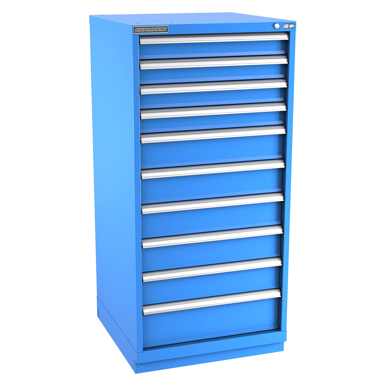 Champion Tool Storage SWS2700-100-1-ILC-FTB-BB | 28-1/4" Width x 59-1/2" Height x 22-1/2" Depth 10 Drawer 169 Compartment Powder Coated Steel Modular Compartment Cabinet - Bright Blue