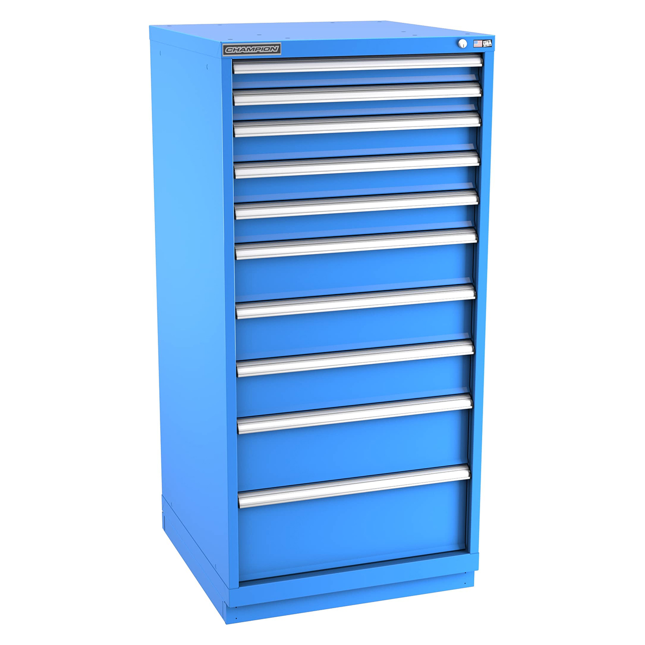 Champion Tool Storage SWS2700-1002-ILC-FTB-BB | 28-1/4" Width x 59-1/2" Height x 22-1/2" Depth 10 Drawer 152 Compartment Powder Coated Steel Modular Compartment Cabinet - Bright Blue