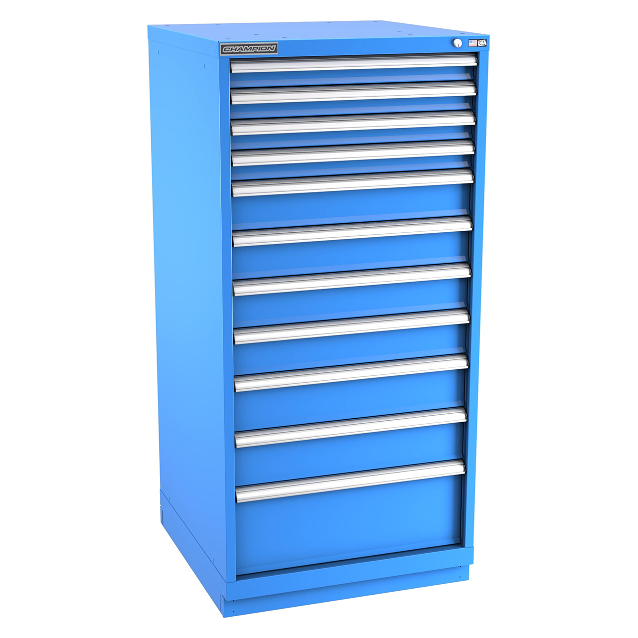 Champion Tool Storage SWS2700-1101-ILC-FTB-BB | 28-1/4" Width x 59-1/2" Height x 22-1/2" Depth 11 Drawer 172 Compartment Powder Coated Steel Modular Compartment Cabinet - Bright Blue