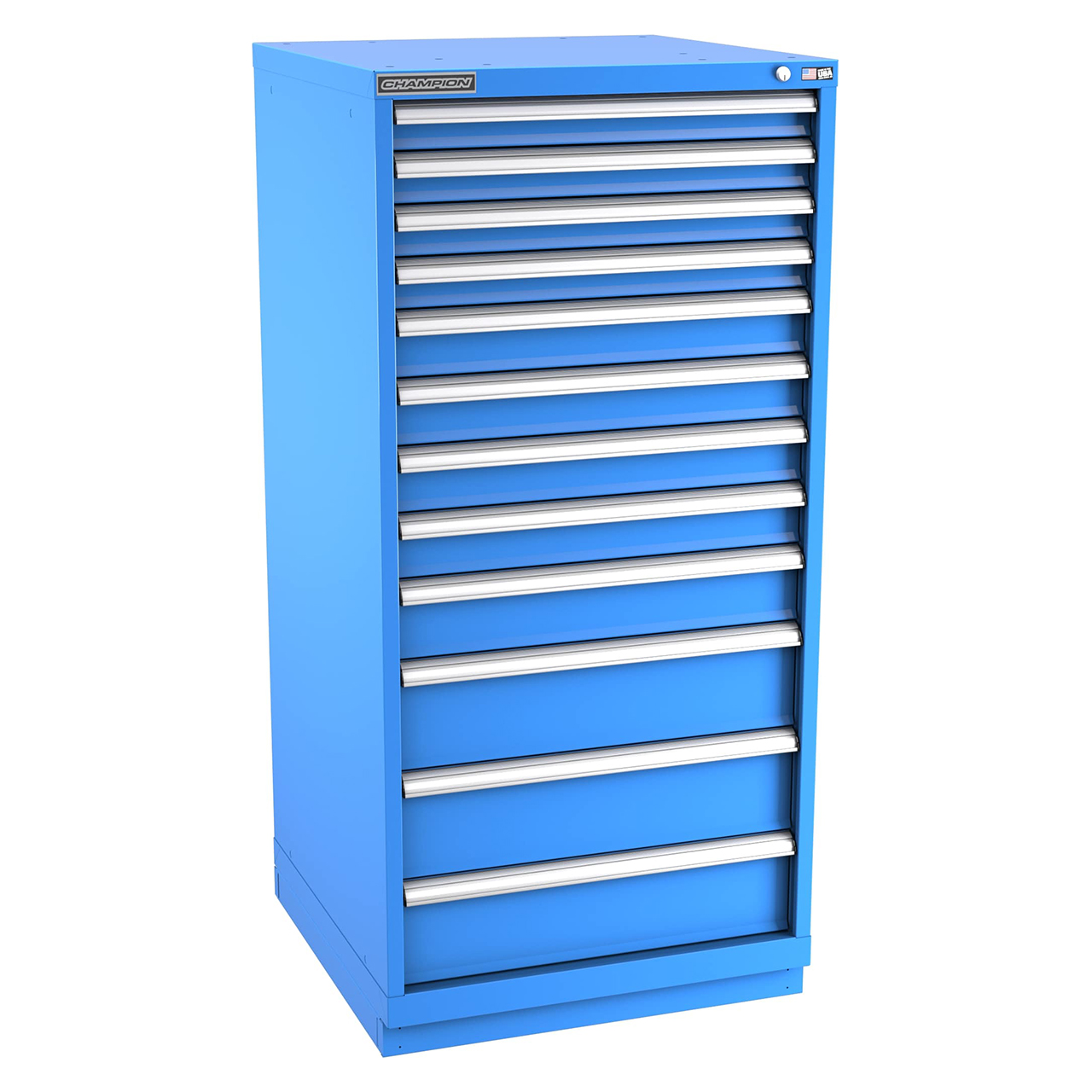 Champion Tool Storage SWS2700-1201-ILC-FTB-BB | 28-1/4" Width x 59-1/2" Height x 22-1/2" Depth 12 Drawer 208 Compartment Powder Coated Steel Modular Compartment Cabinet - Bright Blue