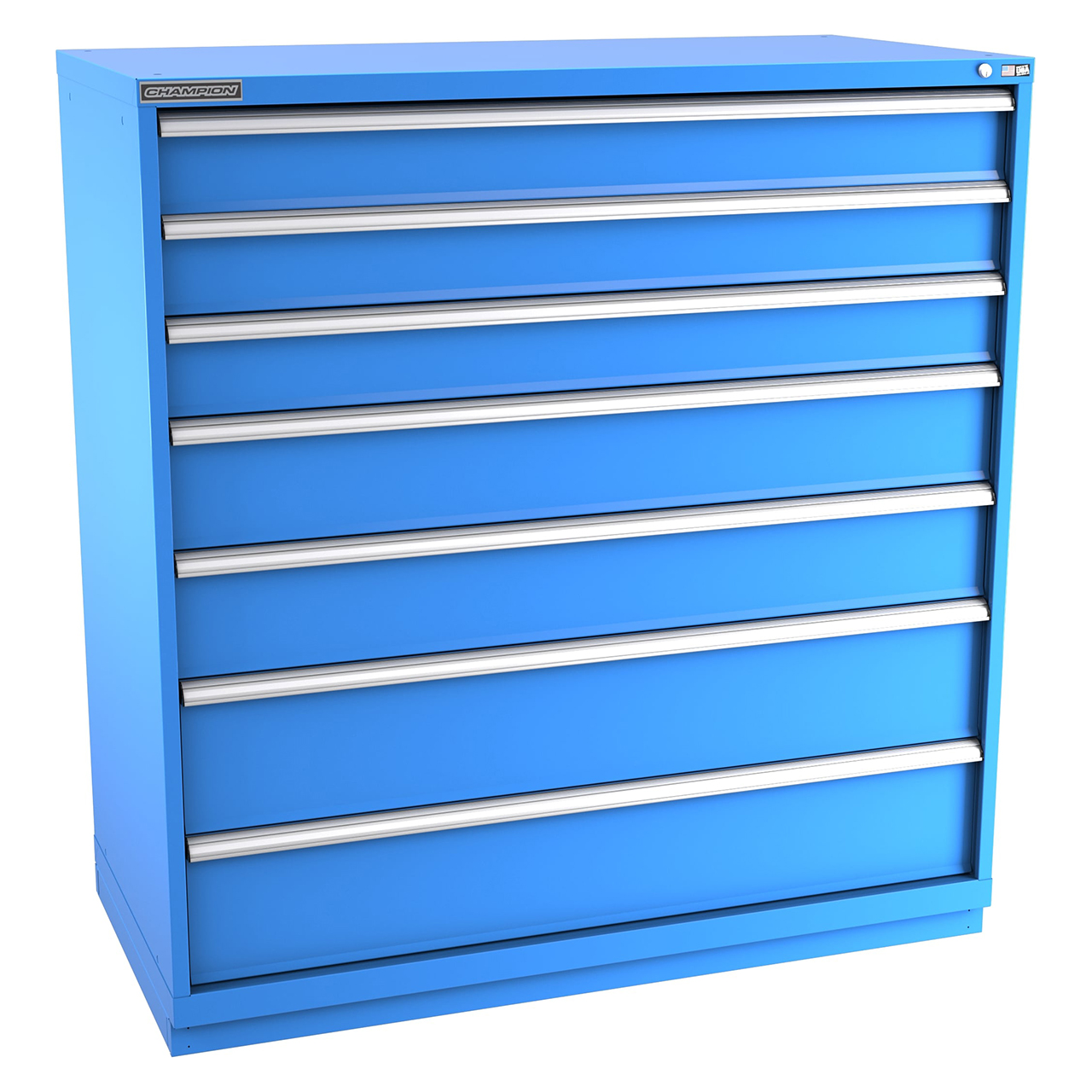 Champion Tool Storage DWS2700-0701-ILC-FTB-BB | 56-1/2" Width x 59-1/2" Height x 22-1/2" Depth 7 Drawer 144 Compartment Powder Coated Steel Modular Compartment Cabinet - Bright Blue