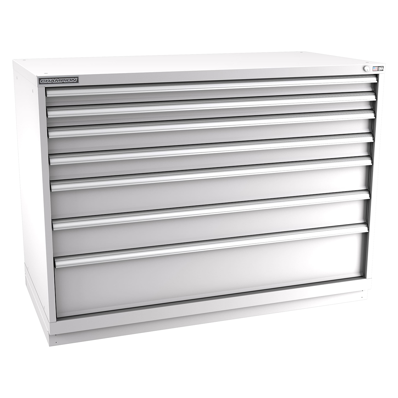 Champion Tool Storage DWS1800-0701-ILC-FTB-LG | 56-1/2" Width x 41-3/4" Height x 22-1/2" Depth 7 Drawer 162 Compartment Powder Coated Steel Modular Compartment Cabinet - Light Gray