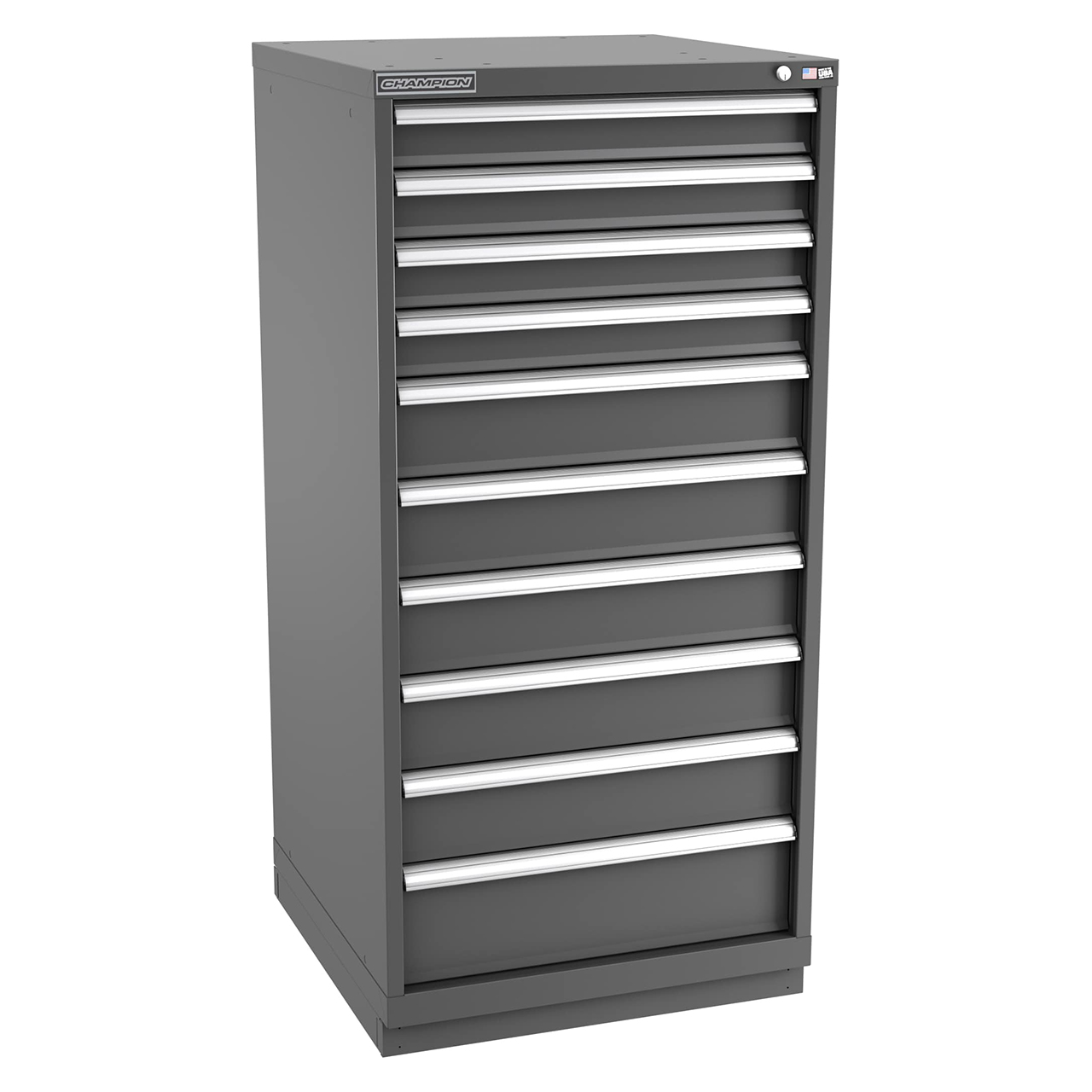 Champion Tool Storage SWS2700-100-1-ILC-FTB-DG | 28-1/4" Width x 59-1/2" Height x 22-1/2" Depth 10 Drawer 169 Compartment Powder Coated Steel Modular Compartment Cabinet - Dark Gray