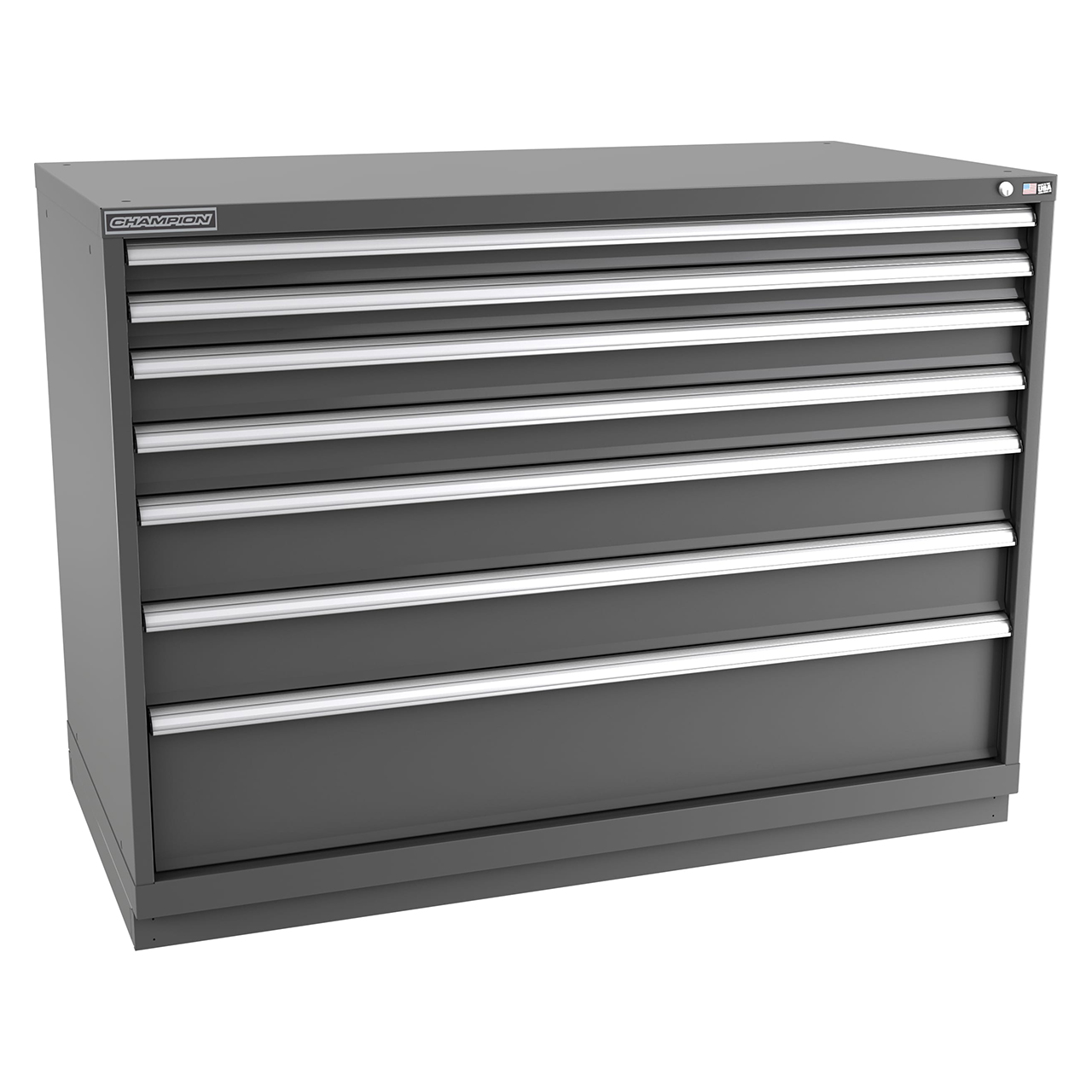 Champion Tool Storage DWS1800-0701-ILC-FTB-DG | 56-1/2" Width x 41-3/4" Height x 22-1/2" Depth 7 Drawer 162 Compartment Powder Coated Steel Modular Compartment Cabinet - Dark Gray