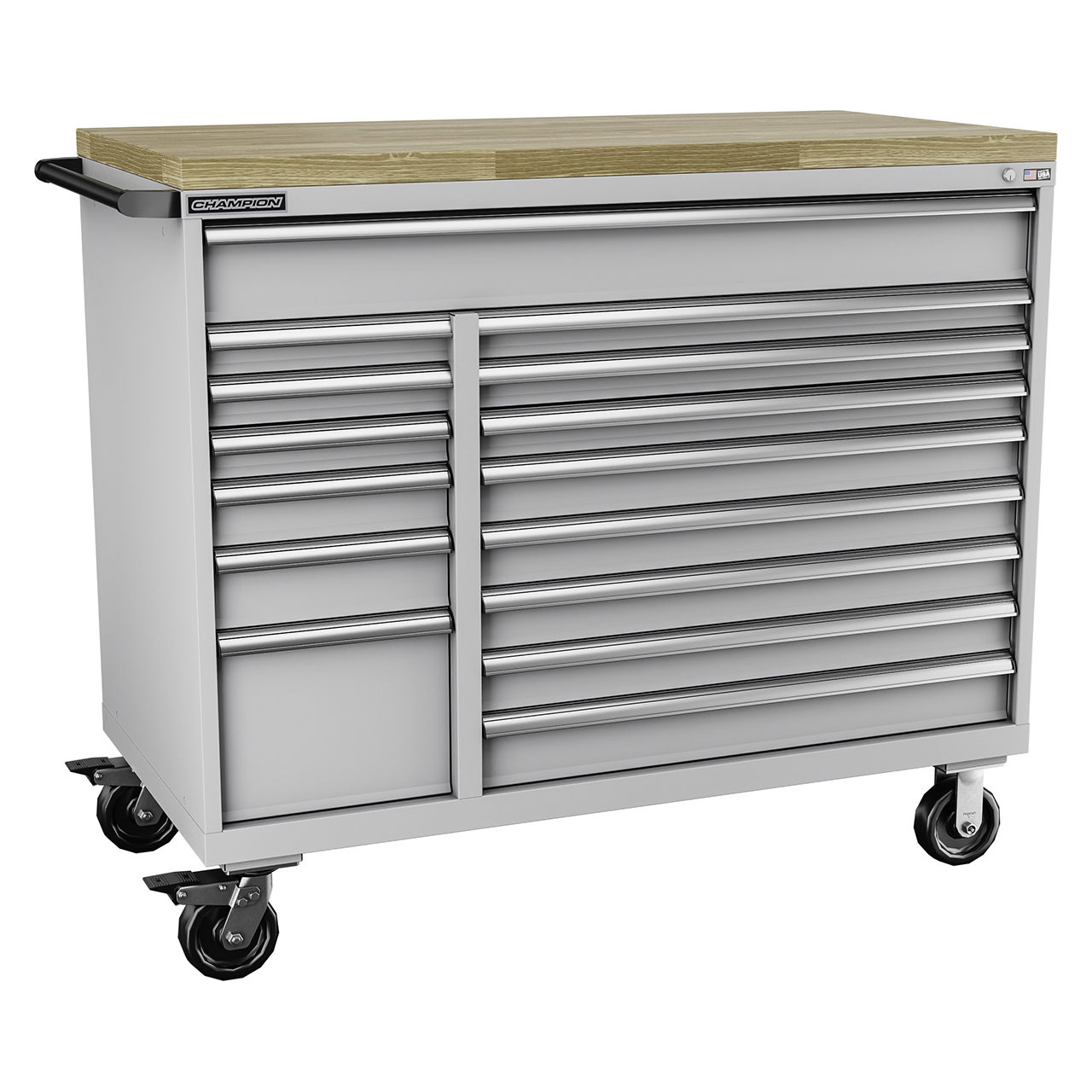 Champion Tool Storage DWS1800-1301IL-MB8-BBT-LG | 56-1/2" Width x 39-3/8" Height x 22-1/2" Depth 13 Drawer Powder Coated Steel Modular Drawer With Butcher Block - Light Gray