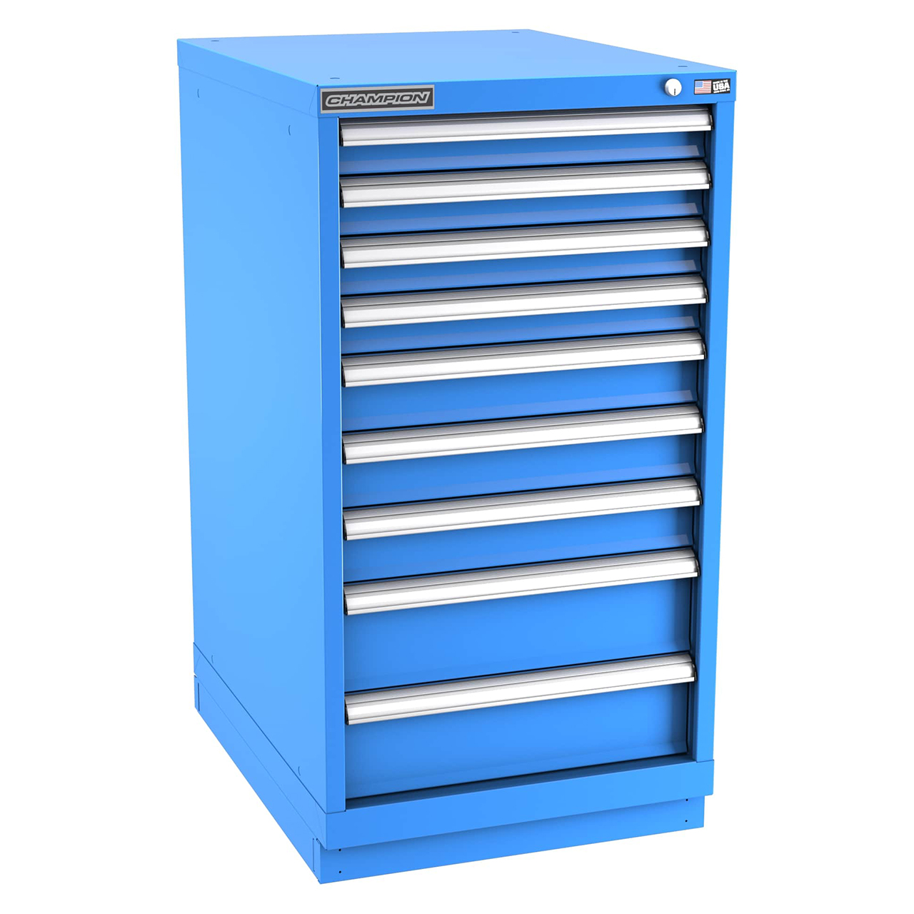 Champion Tool Storage NW1800-0901-ILC-FTB-BB | 22-3/16" Width x 41-3/4" Height x 28-1/2" Depth 9 Drawer 99 Compartments Powder Coated Steel Modular Drawer Cabinet - Bright Blue