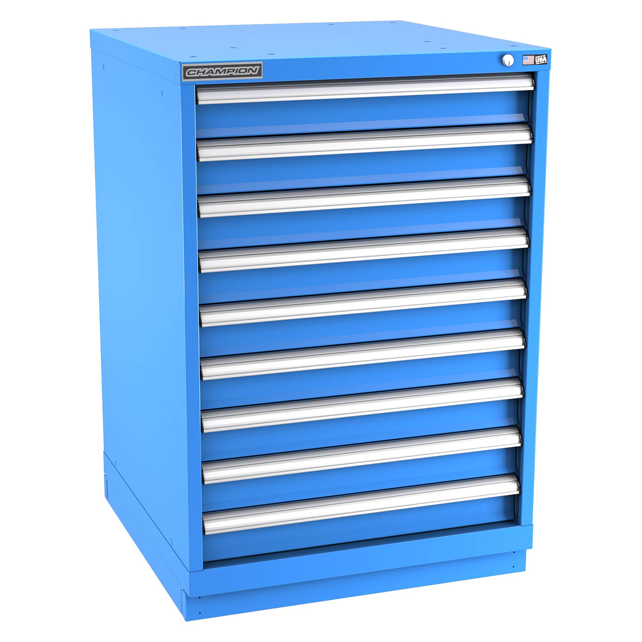 Champion Tool Storage SW1800-0902-ILC-FTB-BB | 28-1/4" Width x 41-3/4" Height x 28-1/2" Depth 9 Drawer 180 Compartments Powder Coated Steel Modular Drawer Cabinet - Bright Blue