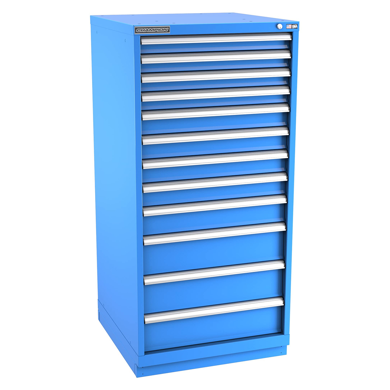 Champion Tool Storage SW2700-1201-ILC-FTB-BB | 28-1/4" Width x 59-1/2" Height x 28-1/2" Depth 12 Drawer 208 Compartments Powder Coated Steel Modular Drawer Cabinet - Bright Blue