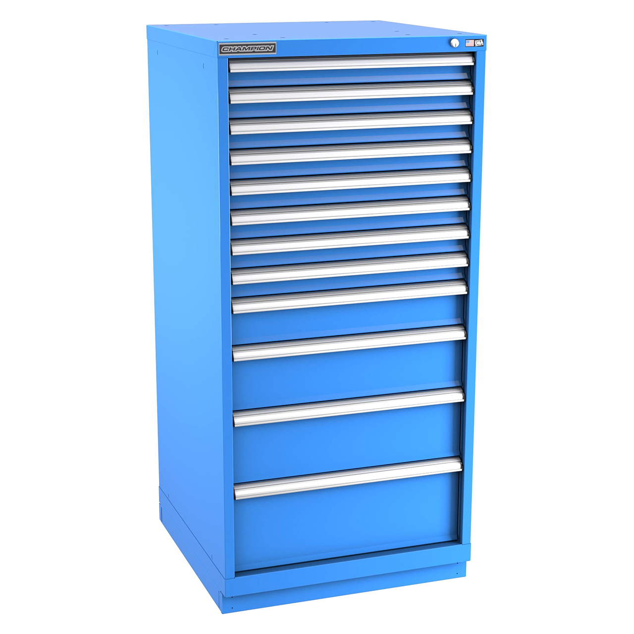 Champion Tool Storage SW2700-1202-ILC-FTB-BB | 28-1/4" Width x 59-1/2" Height x 28-1/2" Depth 12 Drawer 204 Compartments Powder Coated Steel Modular Drawer Cabinet - Bright Blue
