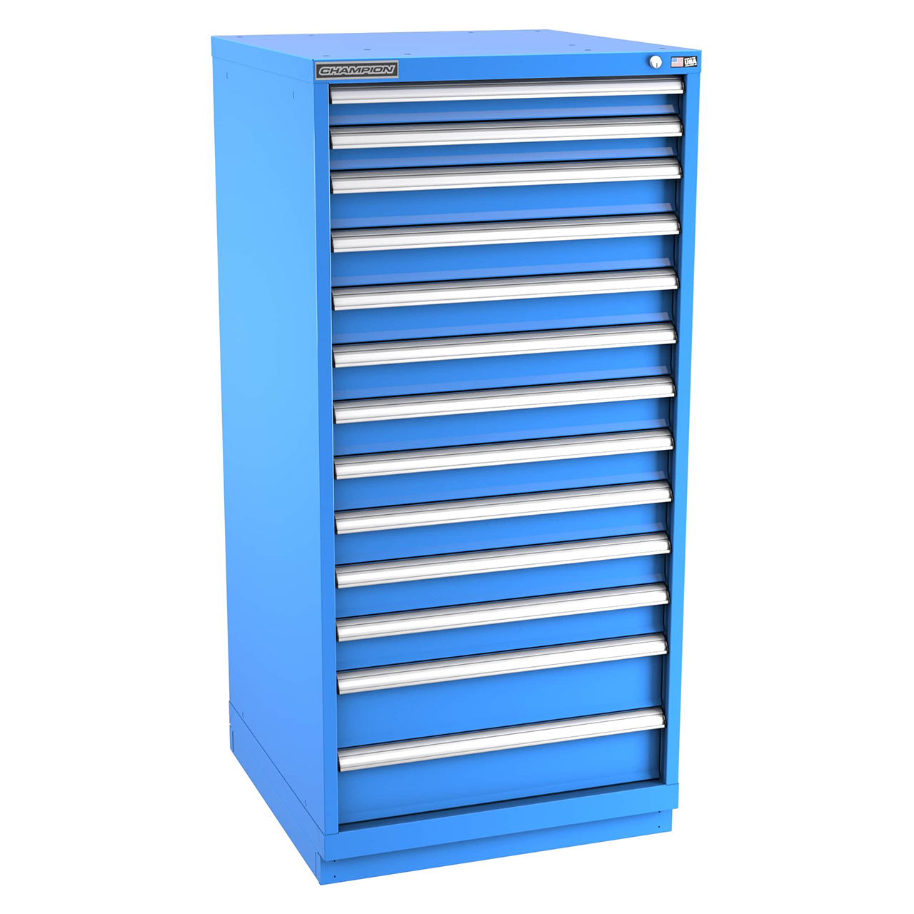 Champion Tool Storage SW2700-1301-ILC-FTB-BB | 28-1/4" Width x 59-1/2" Height x 28-1/2" Depth 13 Drawer 228 Compartments Powder Coated Steel Modular Drawer Cabinet - Bright Blue