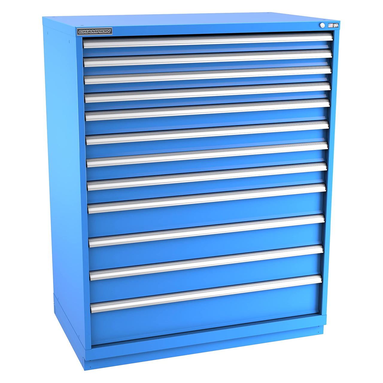 Champion Tool Storage EW2700-1201-ILC-FTB-BB | 47" Width x 59-1/2" Height x 28-1/2" Depth 12 Drawer 316 Compartments Powder Coated Steel Modular Drawer Cabinet - Bright Blue