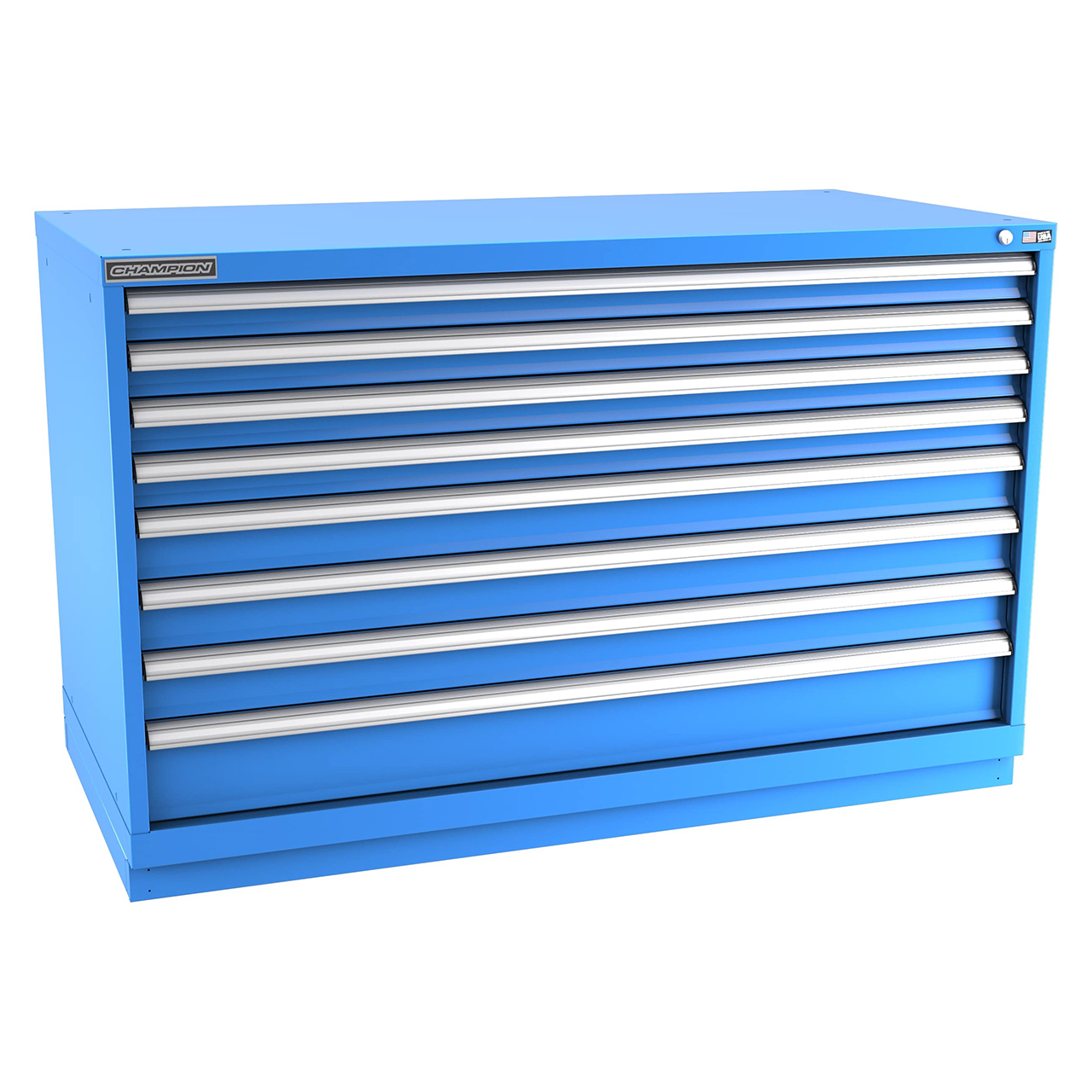 Champion Tool Storage DW1500-0801-ILC-FTB-BB | 56-1/2" Width x 35-7/8" Height x 28-1/2" Depth 8 Drawer 292 Compartments Powder Coated Steel Modular Drawer Cabinet - Bright Blue