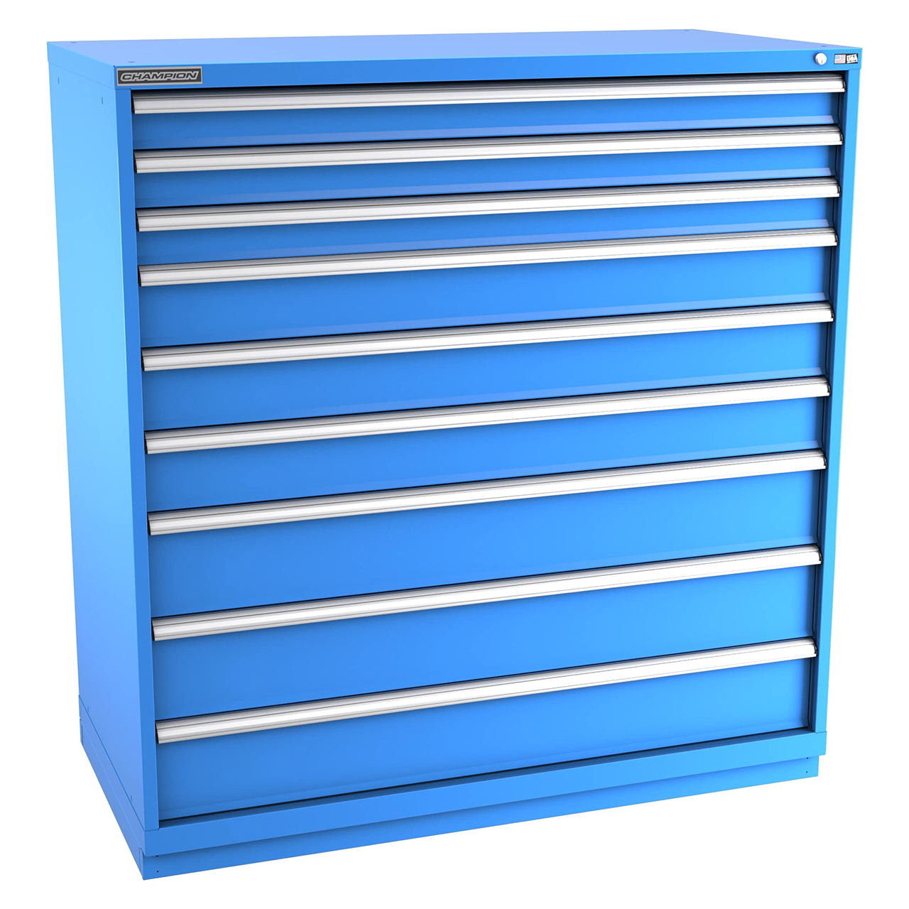 Champion Tool Storage DW2700-0901-ILC-FTB-BB | 56-1/2" Width x 59-1/2" Height x 28-1/2" Depth 9 Drawer 174 Compartments Powder Coated Steel Modular Drawer Cabinet - Bright Blue