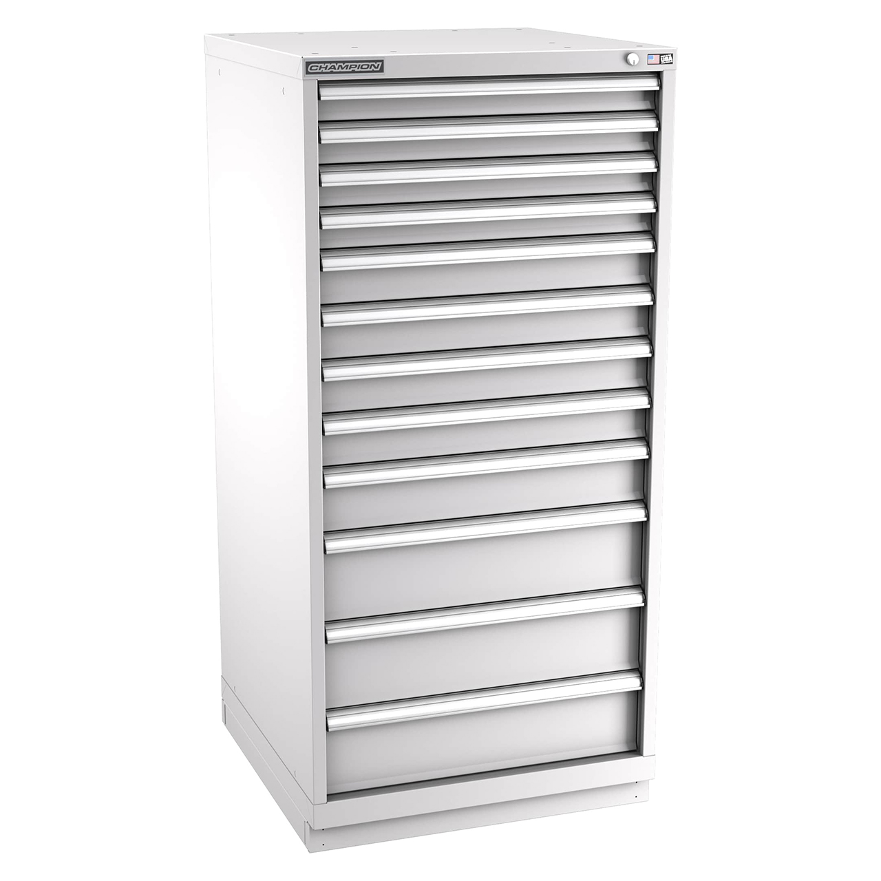 Champion Tool Storage SW2700-1201-ILC-FTB-LG | 28-1/4" Width x 59-1/2" Height x 28-1/2" Depth 12 Drawer 208 Compartments Powder Coated Steel Modular Drawer Cabinet - Light Gray