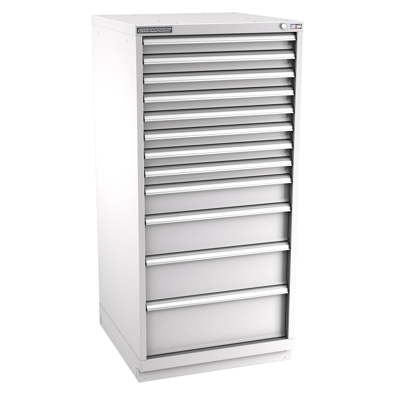 Champion Tool Storage SW2700-1202-ILC-FTB-LG | 28-1/4" Width x 59-1/2" Height x 28-1/2" Depth 12 Drawer 204 Compartments Powder Coated Steel Modular Drawer Cabinet - Light Gray