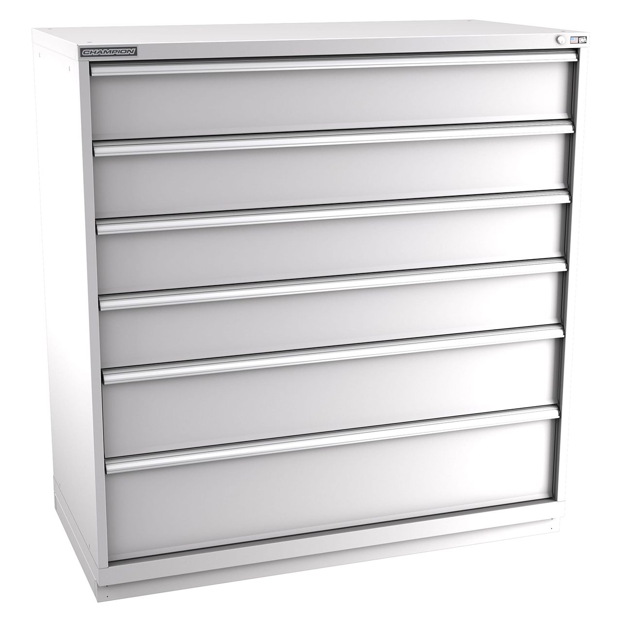 Champion Tool Storage DW2700-0601-ILC-FTB-LG | 56-1/2" Width x 59-1/2" Height x 28-1/2" Depth 6 Drawer 117 Compartments Powder Coated Steel Modular Drawer Cabinet - Light Gray