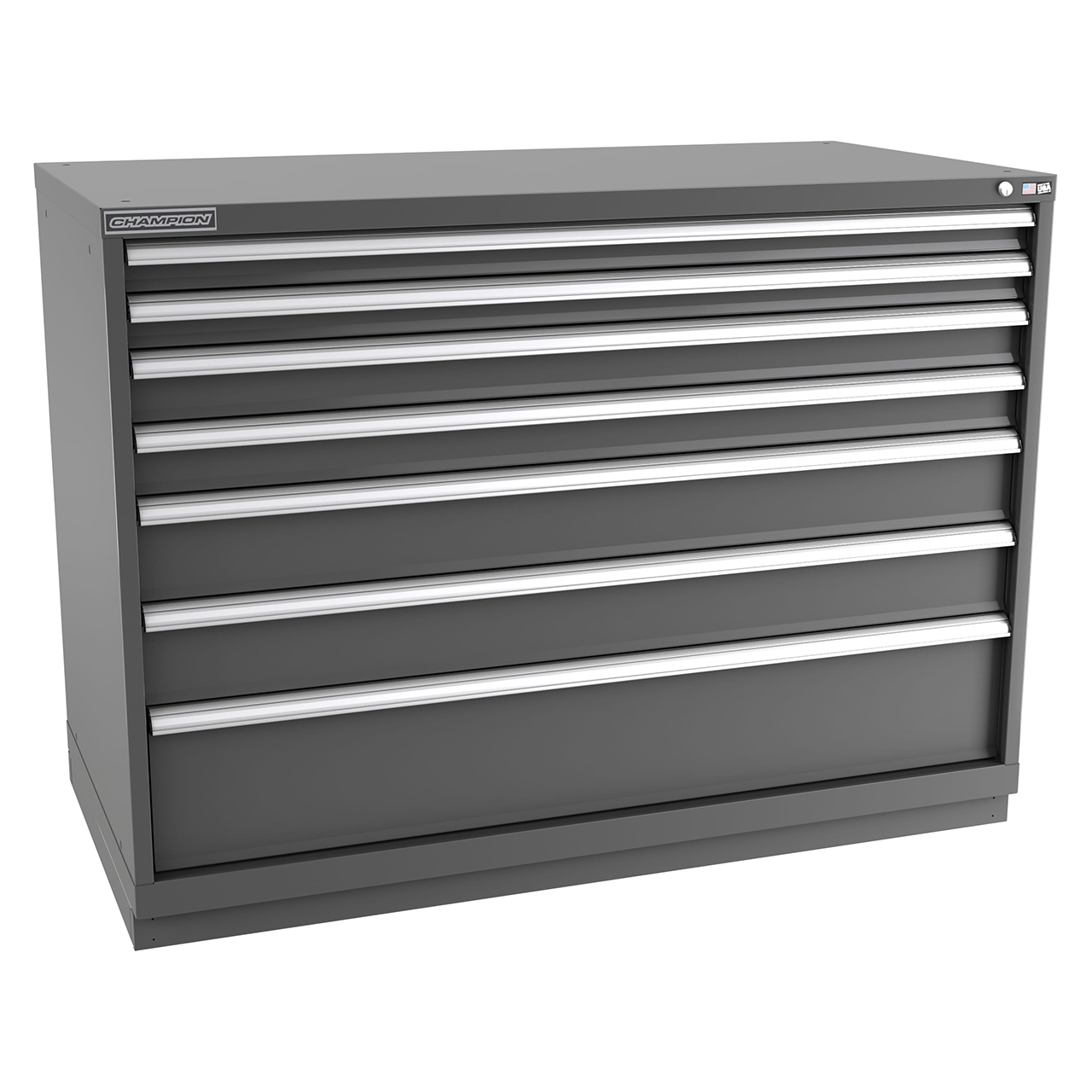 Champion Tool Storage DW1800-0701-ILC-FTB-DG | 56-1/2" Width x 41-3/4" Height x 28-1/2" Depth 7 Drawer 162 Compartments Powder Coated Steel Modular Drawer Cabinet - Dark Gray