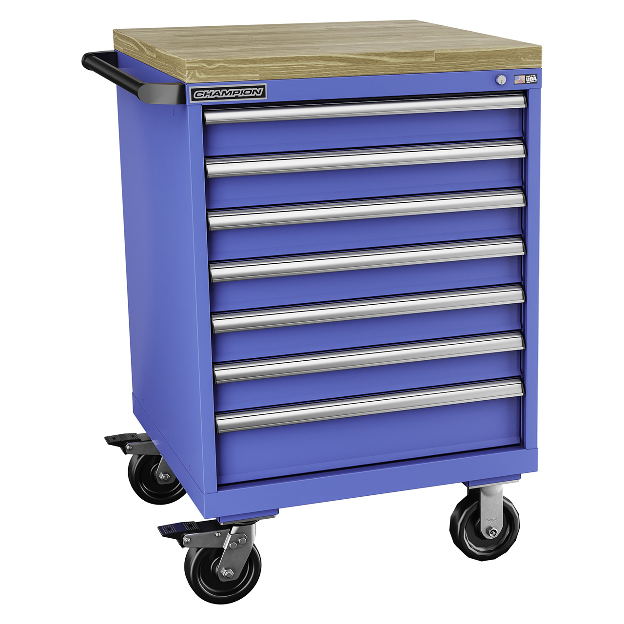 Champion Tool Storage SW1500-0701ILC-MB8-BBT-BB | 28-1/4" Width x 43-1/4" Height x 28-1/2" Depth 7 Drawer 83 Compartments Powder Coated Steel Mobile Modular Cabinet with Butcher Block Top - Bright Blue