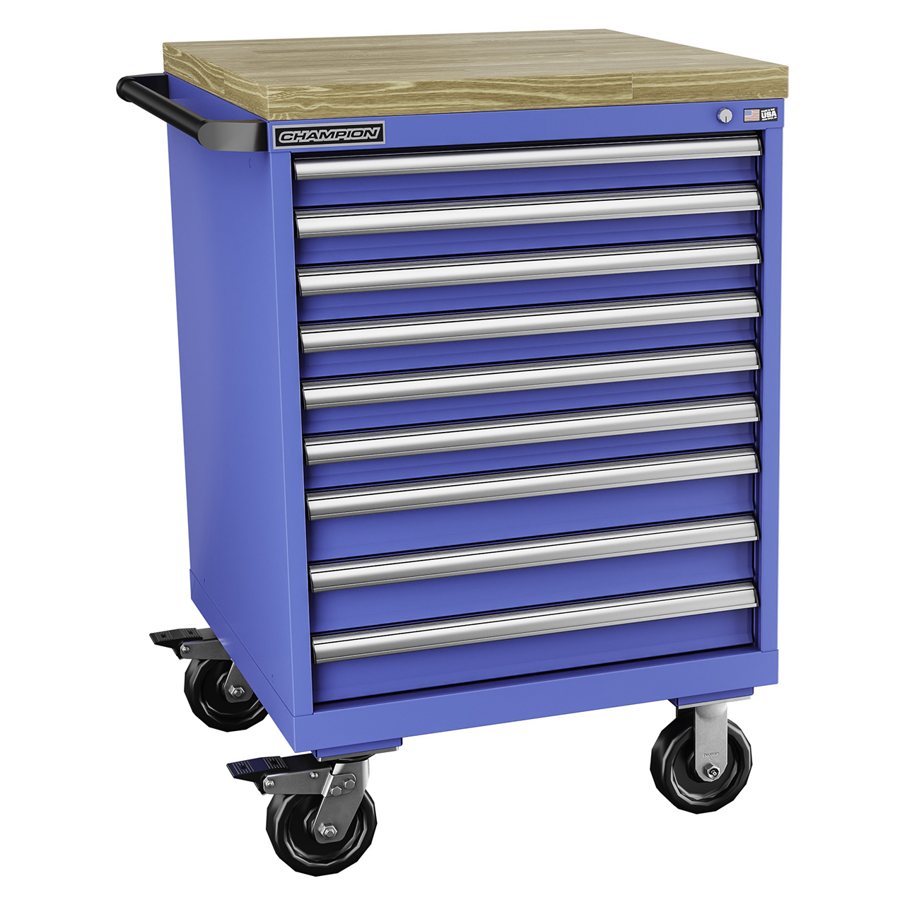 Champion Tool Storage SW1500-0901ILC-MB8-BBT-BB | 28-1/4" Width x 43-1/4" Height x 28-1/2" Depth 9 Drawer 161 Compartments Powder Coated Steel Mobile Modular Cabinet with Butcher Block Top - Bright Blue
