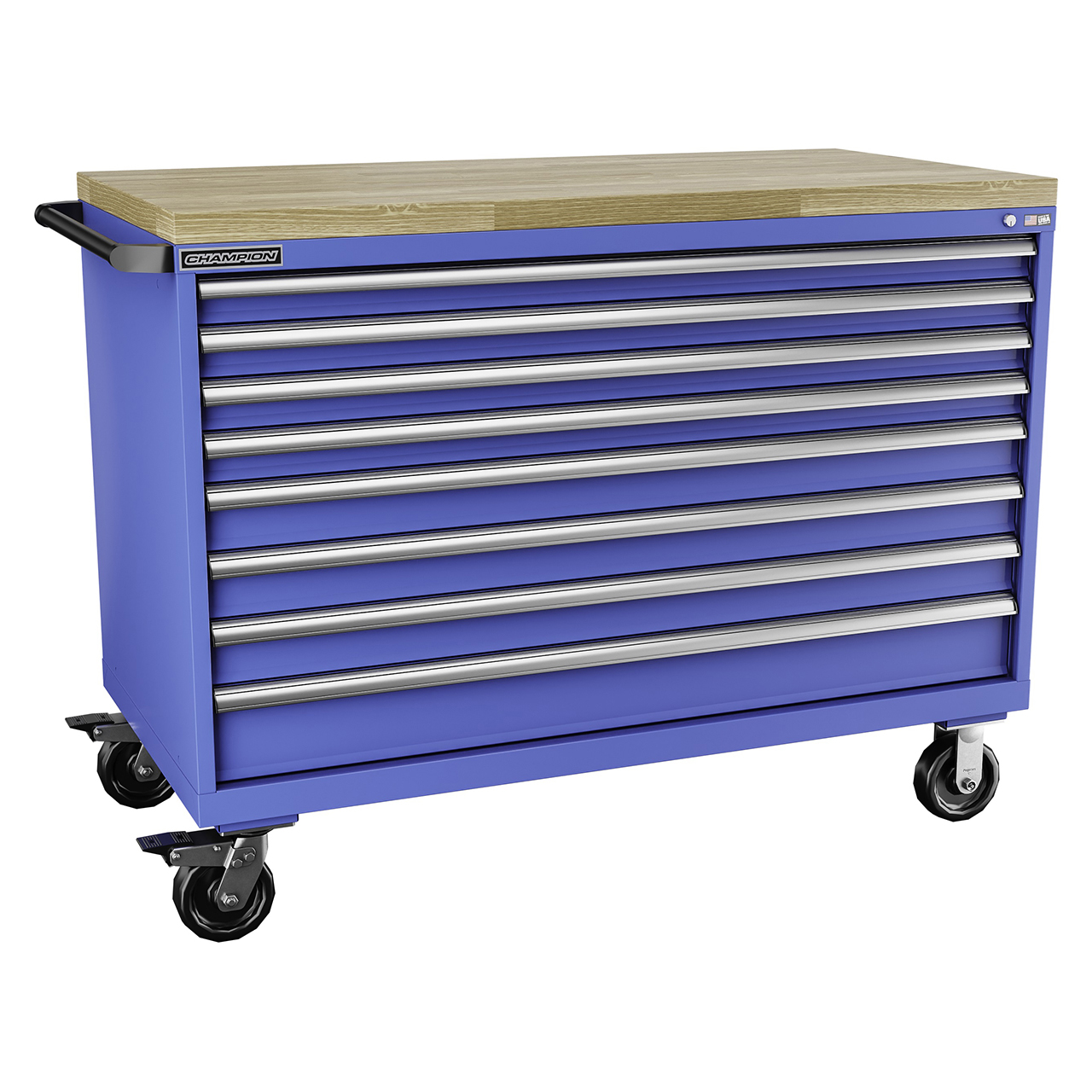 Champion Tool Storage DW1500-0801IL-MB8-BBT-BB | 56-1/2" Width x 43-1/4" Height x 28-1/2" Depth 8 Drawer Powder Coated Steel Mobile Modular Cabinet with Butcher Block Top - Bright Blue