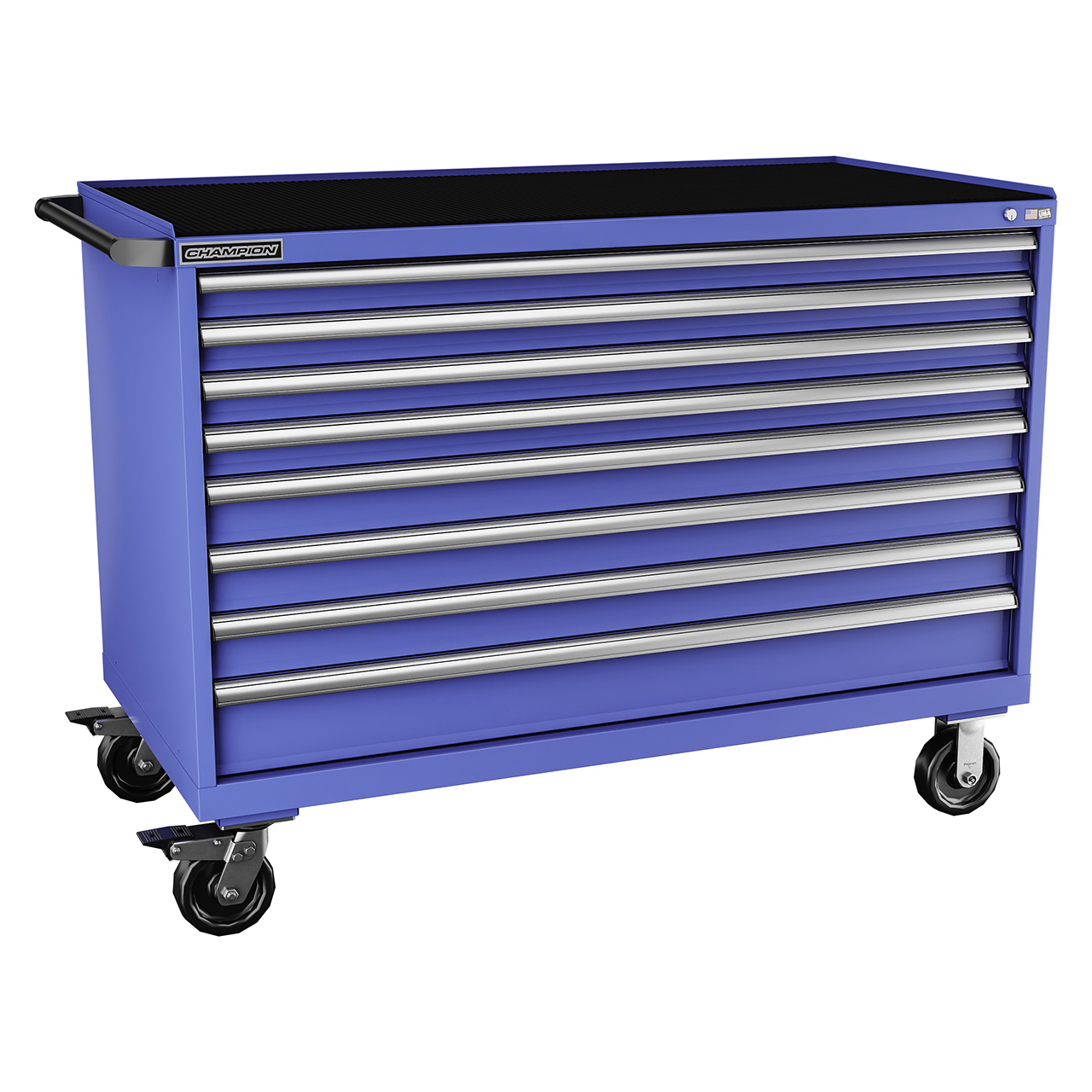 Champion Tool Storage DW1500-0801IL-MB8-RT-BB | 56-1/2" Width x 43-1/4" Height x 28-1/2" Depth 8 Drawer Powder Coated Steel Mobile Modular Cabinet with Retainer Top - Bright Blue