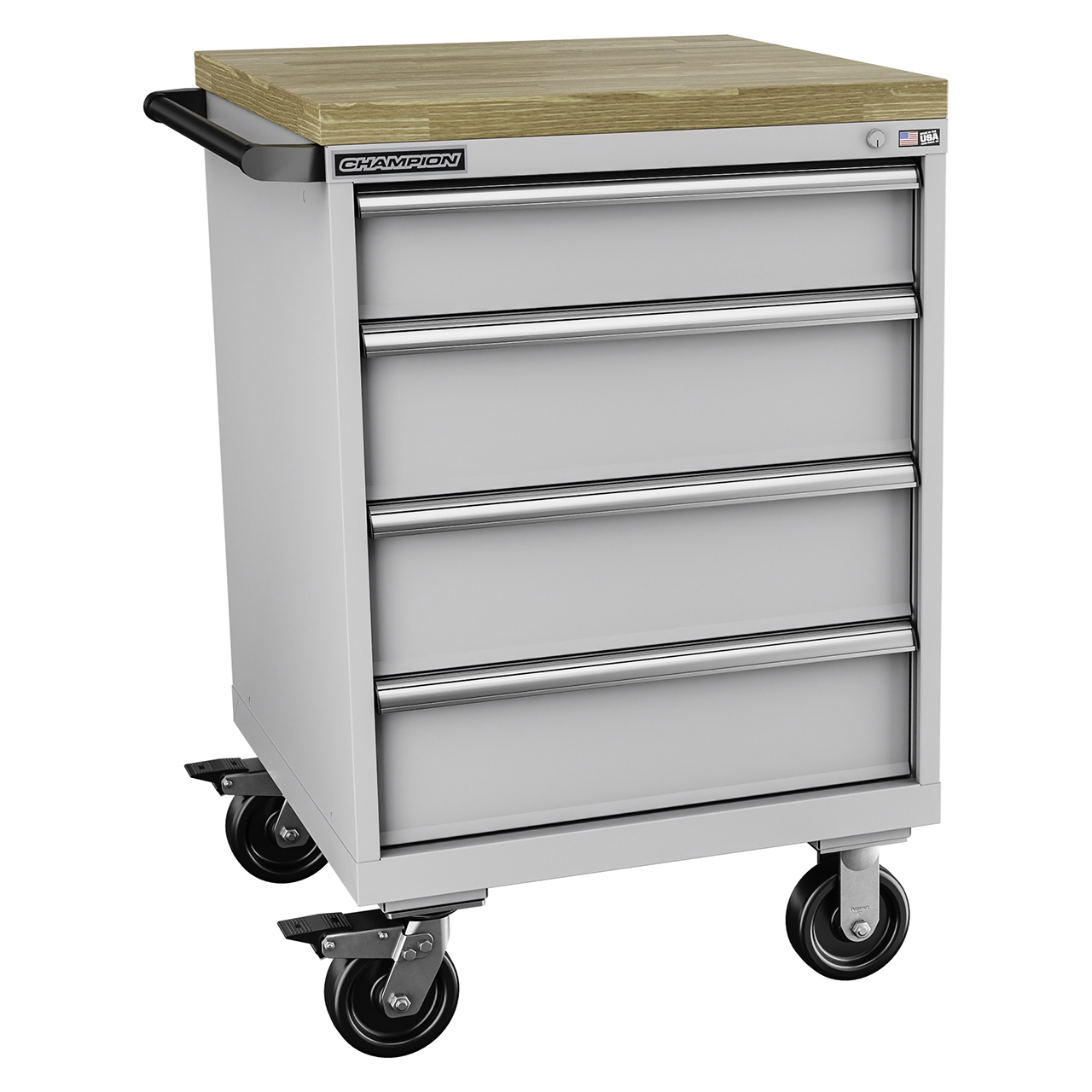 Champion Tool Storage SW1500-0401IL-MB8-BBT-LG | 28-1/4" Width x 43-1/4" Height x 28-1/2" Depth 4 Drawer Powder Coated Steel Mobile Modular Cabinet with Butcher Block Top - Light Gray