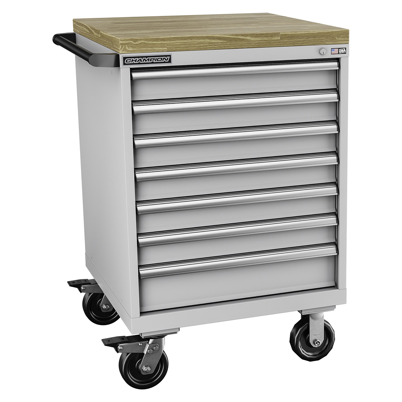 Champion Tool Storage SW1500-0701ILC-MB8-BBT-LG | 28-1/4" Width x 43-1/4" Height x 28-1/2" Depth 7 Drawer 83 Compartments Powder Coated Steel Mobile Modular Cabinet with Butcher Block Top - Light Gray