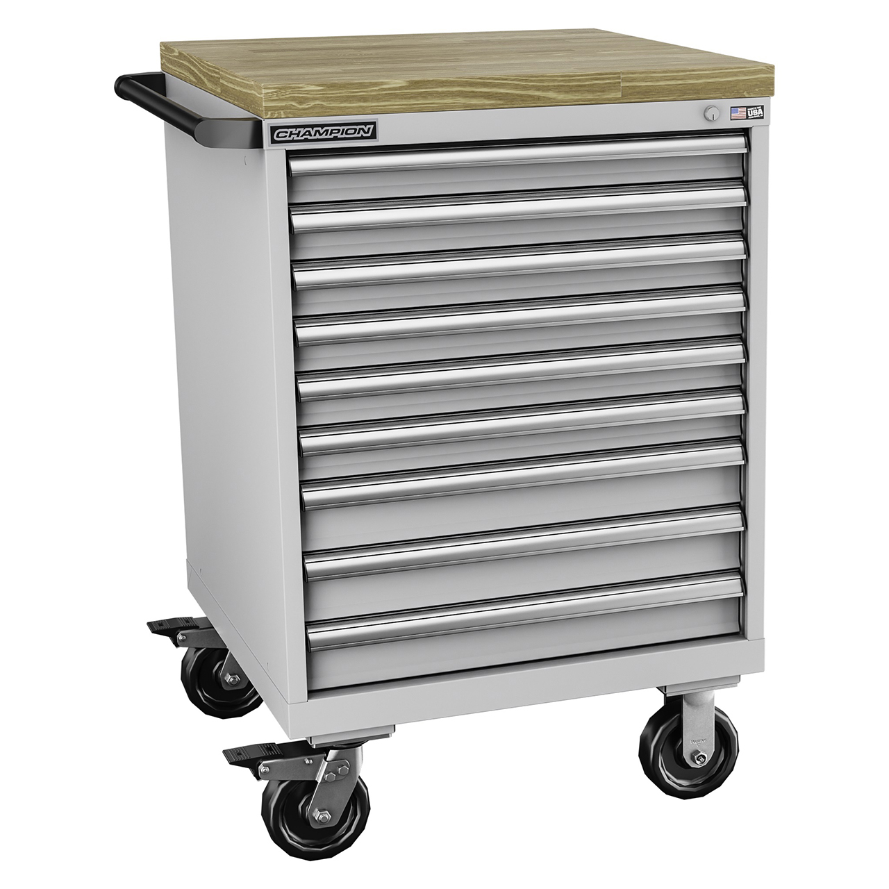 Champion Tool Storage SW1500-0901IL-MB8-BBT-LG | 28-1/4" Width x 43-1/4" Height x 28-1/2" Depth 9 Drawer Powder Coated Steel Mobile Modular Cabinet with Butcher Block Top - Light Gray