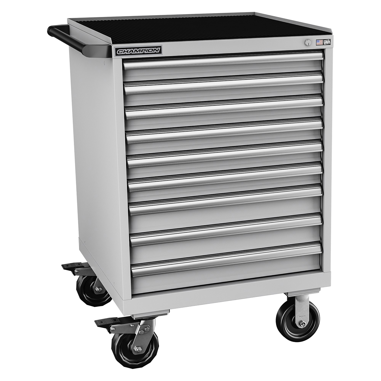 Champion Tool Storage SW1500-0901IL-MB8-RT-LG | 28-1/4" Width x 42-1/4" Height x 28-1/2" Depth 9 Drawer Powder Coated Steel Mobile Modular Cabinet with Retainer Top - Light Gray