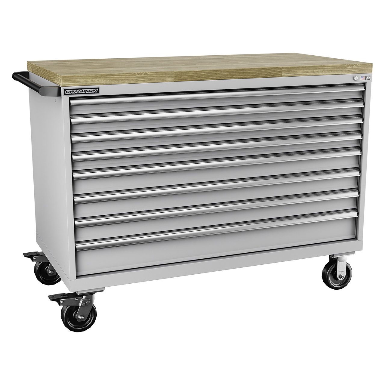 Champion Tool Storage DW1500-0801ILC-MB8-BBT-LG | 56-1/2" Width x 43-1/4" Height x 28-1/2" Depth 8 Drawer 284 Compartments Powder Coated Steel Mobile Modular Cabinet with Butcher Block Top - Light Gray