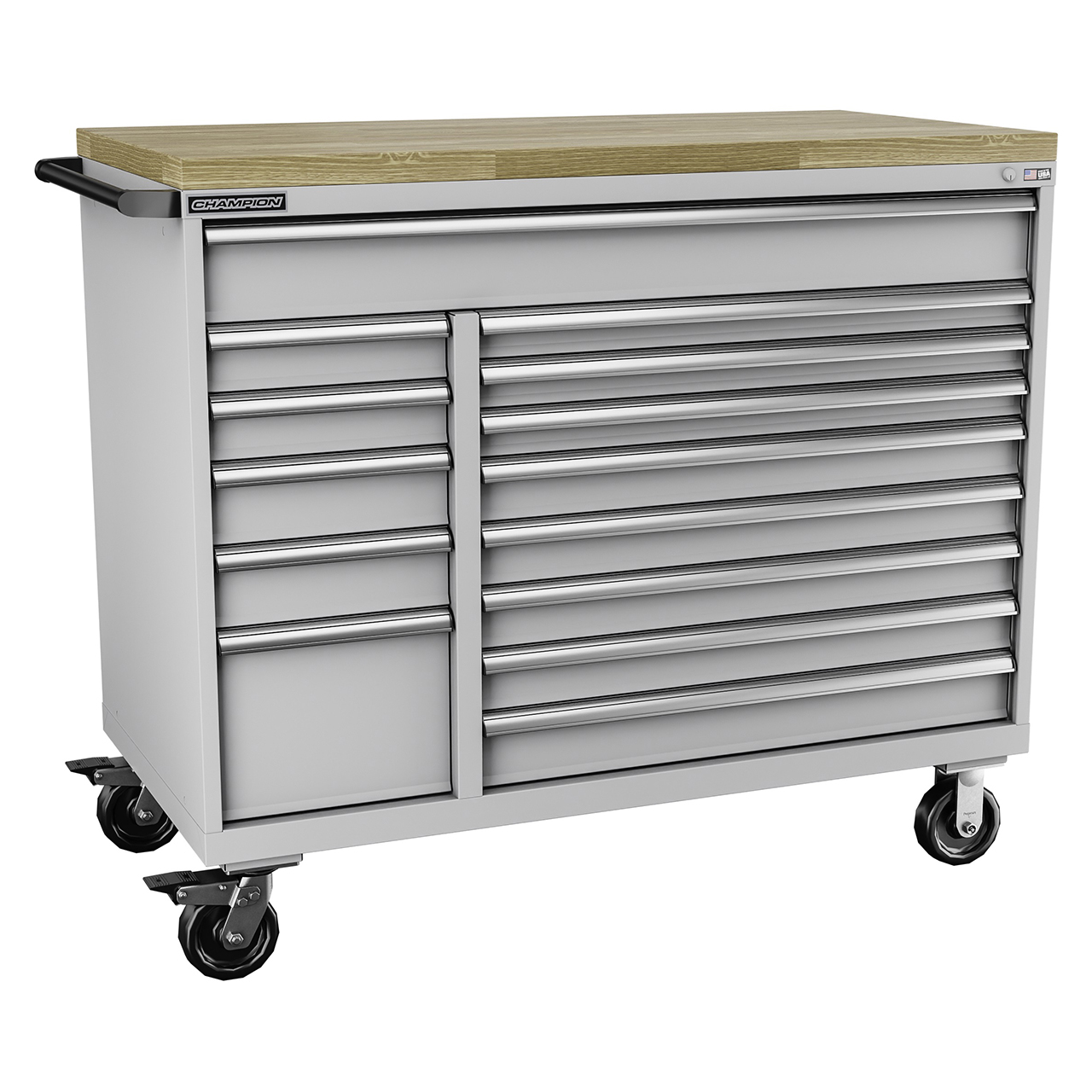 Champion Tool Storage DW1800-1401IL-MB8-BBT-LG | 56-1/2" Width x 49-1/8" Height x 28-1/2" Depth 14 Drawer Powder Coated Steel Mobile Modular Cabinet with Butcher Block Top - Light Gray