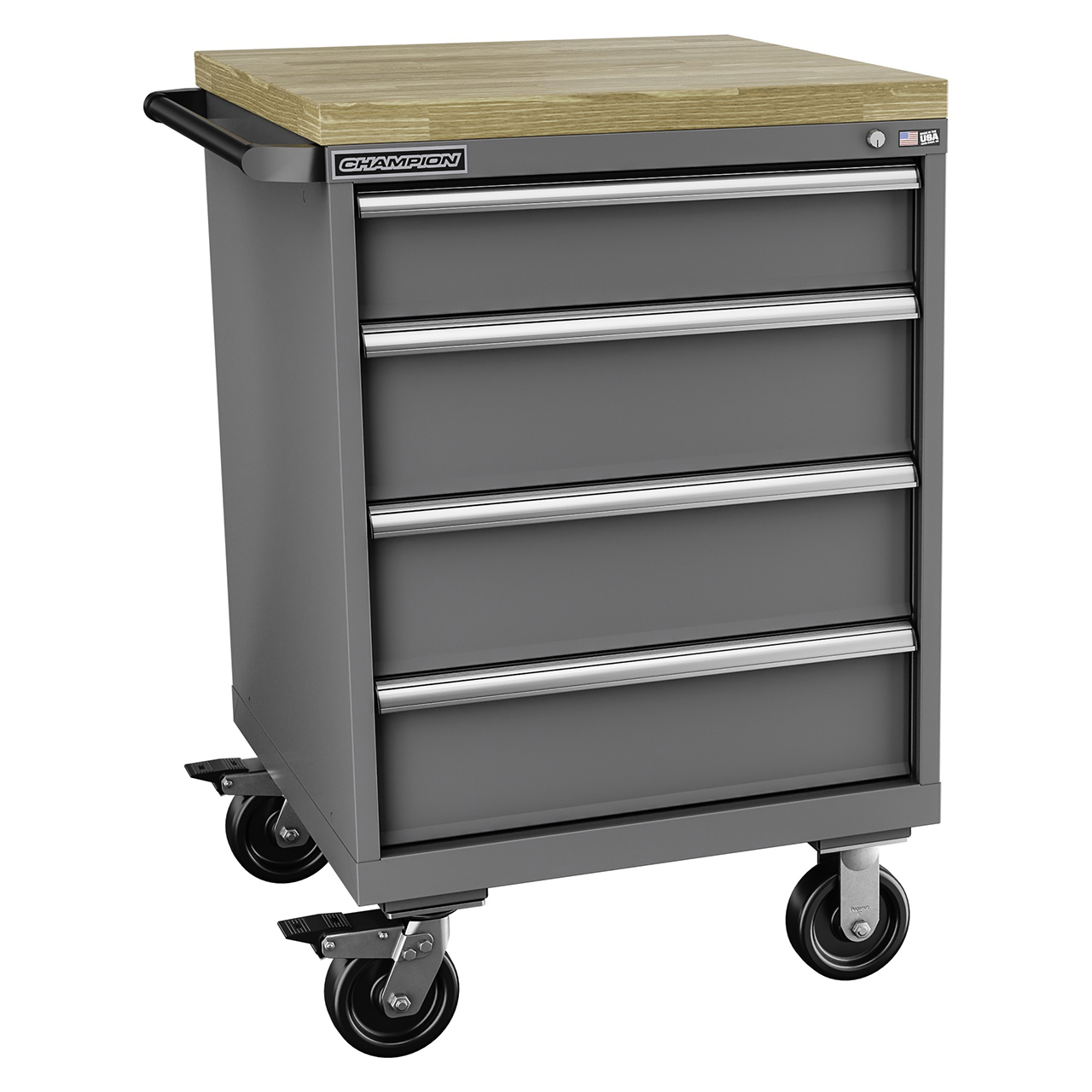 Champion Tool Storage SW1500-0401ILC-MB8-BBT-DG | 28-1/4" Width x 43-1/4" Height x 28-1/2" Depth 4 Drawer 29 Compartments Powder Coated Steel Mobile Modular Cabinet with Butcher Block Top - Dark Gray