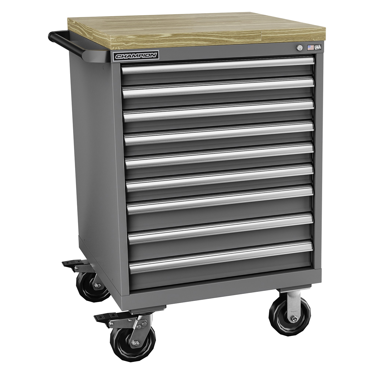 Champion Tool Storage SW1500-0901IL-MB8-BBT-DG | 28-1/4" Width x 43-1/4" Height x 28-1/2" Depth 9 Drawer Powder Coated Steel Mobile Modular Cabinet with Butcher Block Top - Dark Gray
